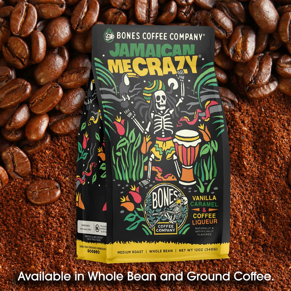 Bones Coffee Company Cinnamon Roll Flavored Coffee, Medium Roast Low Acid Arabica Beans Compatible with Auto drip and French Press Coffee Maker, 12 Oz Ground