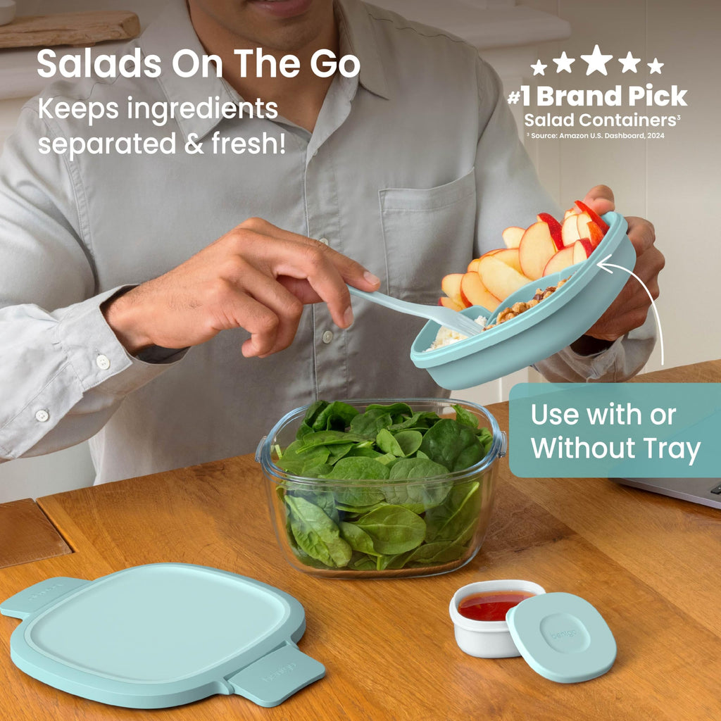 Bentgo Glass Salad Container - 7.6-Cup Salad Bowl with Airtight Lid, Leak-Proof Sauce Container, 4-Compartment Bento Tray & Reusable Fork - BPA-Free for Meal Prep, Office & More (Lavender)
