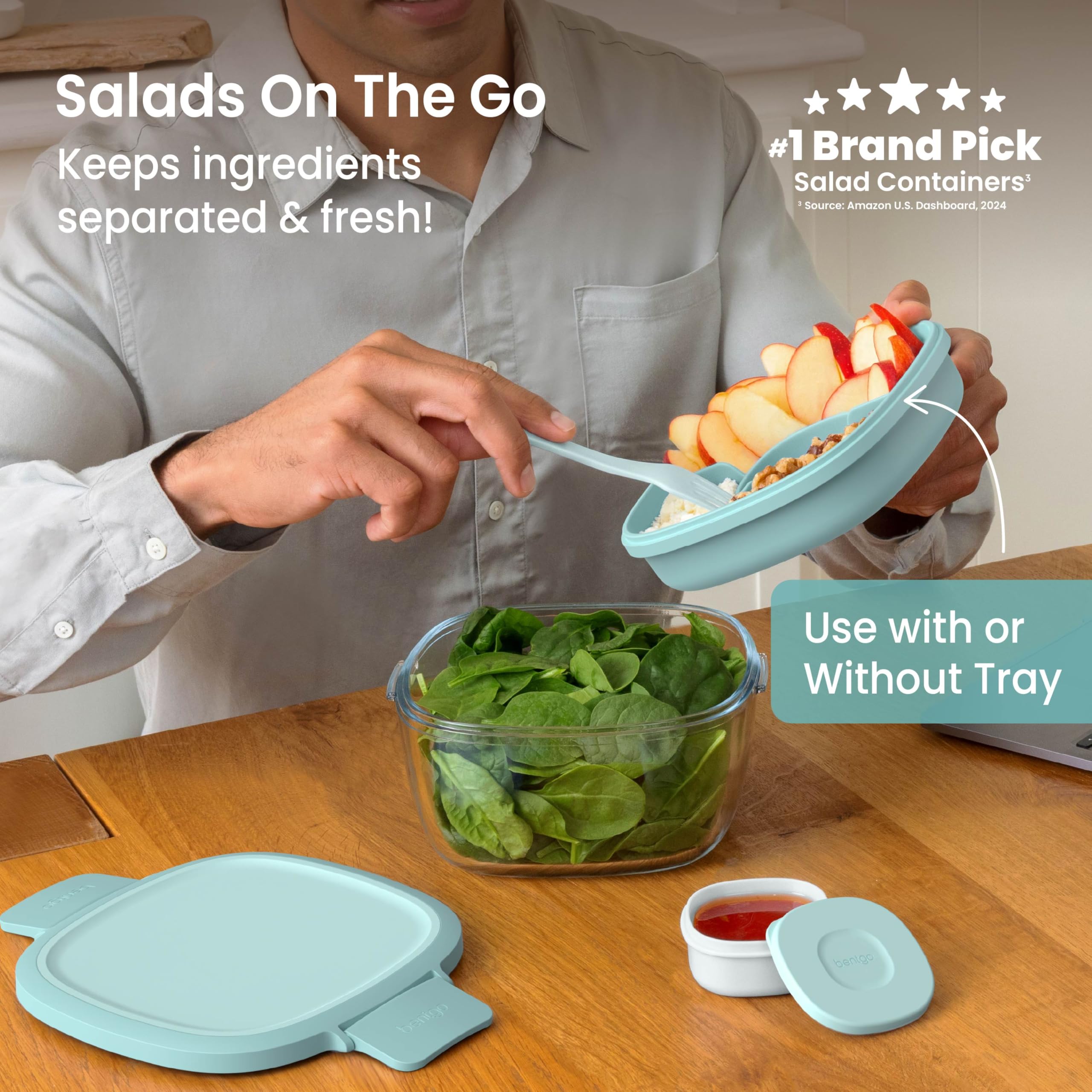 Bentgo Glass Salad Container - 7.6-Cup Salad Bowl with Airtight Lid, Leak-Proof Sauce Container, 4-Compartment Bento Tray & Reusable Fork - BPA-Free for Meal Prep, Office & More (Lavender)