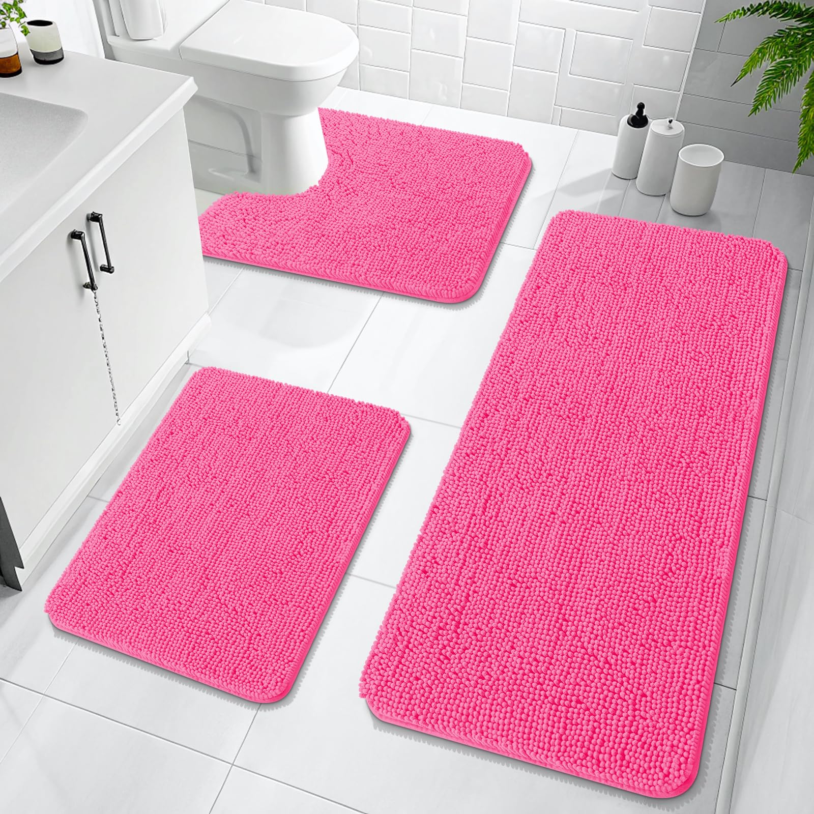 OLANLY Bathroom Rugs Sets 3 Piece, Soft Absorbent Chenille Bath Mats and U-Shaped Contour Toilet Rug, Quick Dry, Home Decor Accessories, Bath Mat Set for Bathroom (30"x20"+24"x16"+24"x20", Grey)