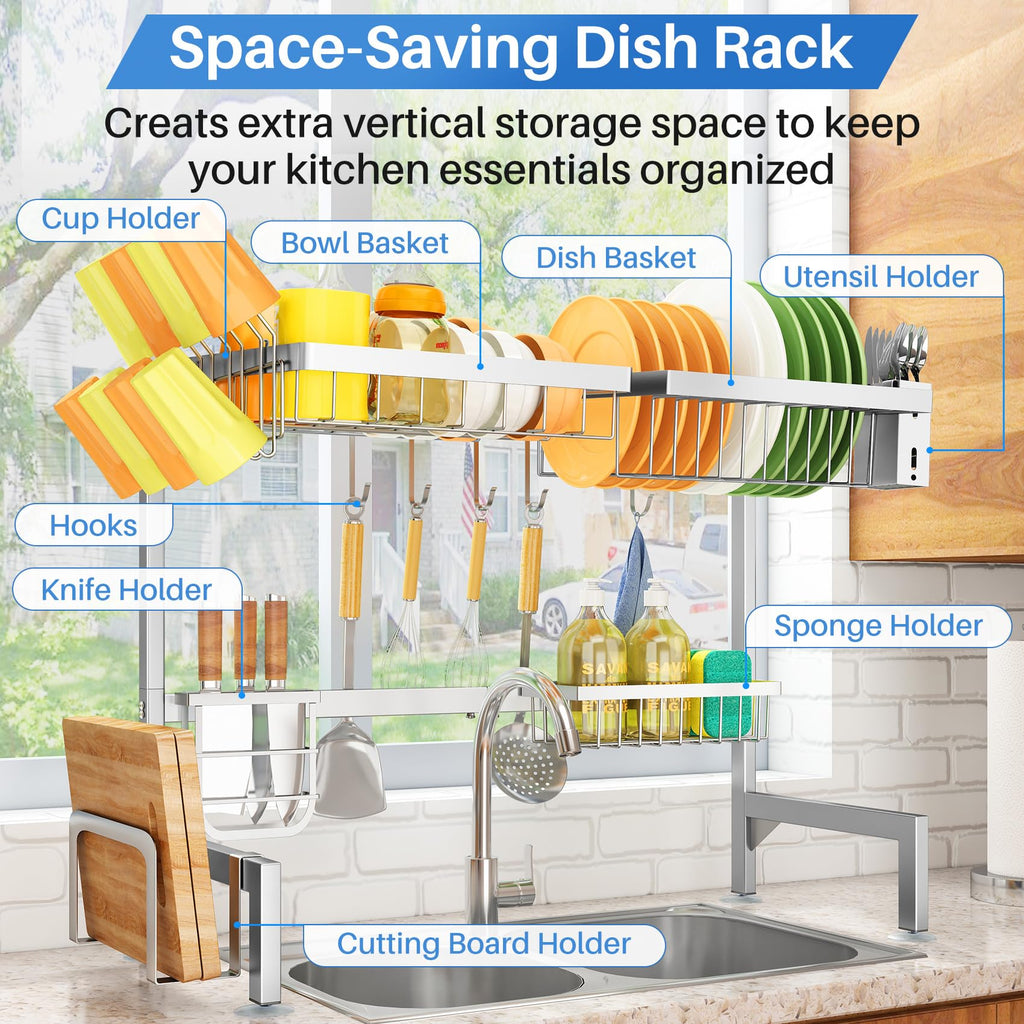 SNTD Over The Sink Dish Drying Rack - Adjustable Dish Rack for Kitchen Counter, Metal (Black)