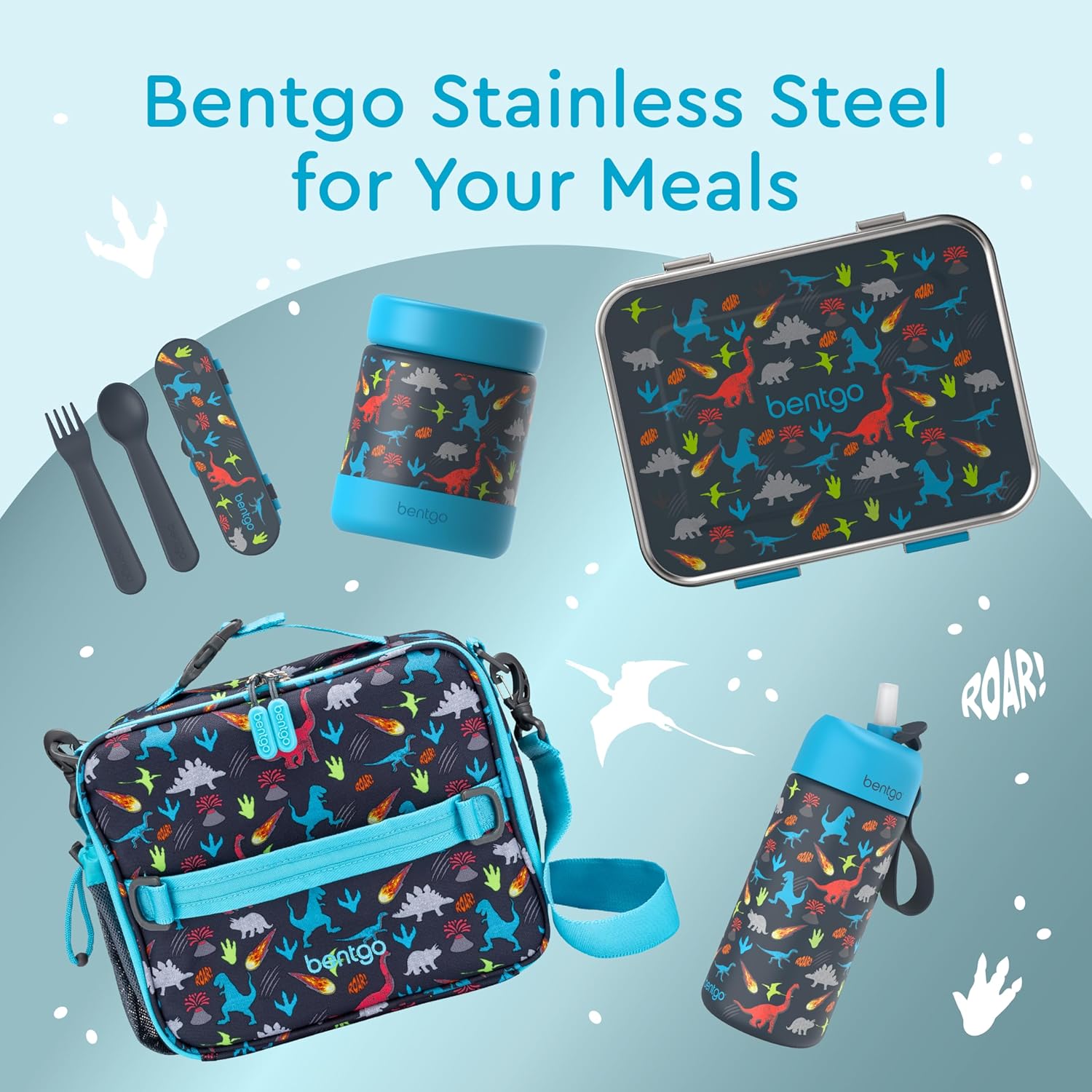 Bentgo 2-in-1 Backpack & Insulated Lunch Bag Set With Stainless Steel Water Bottle (Dinosaur)