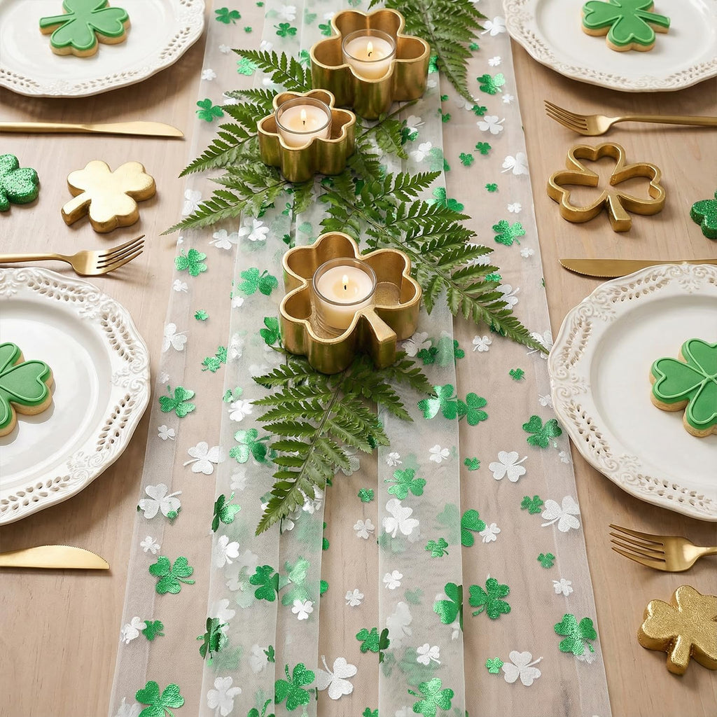 Artoid Mode Gauze Green Shamrocks St.Patrick's Day Table Runner 120 Inch 10FT,Seasonal Sheer Dining Holiday Baby Shower Table Decor for Home Party