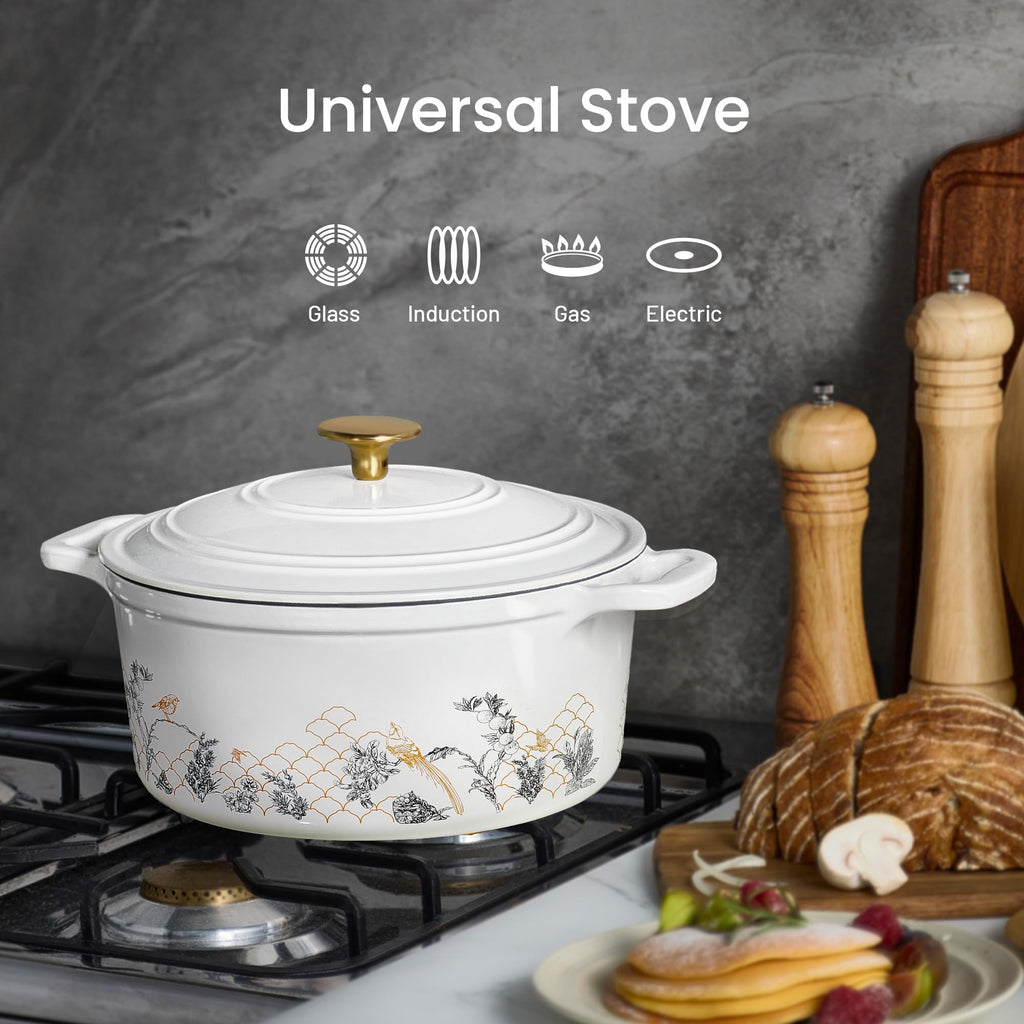 CAROTE 5 QT Cast Iron Dutch Oven Pot with Lid, Enameled Floral Dutch Ovens with Cotton Potholders & Oven Gloves, Gift Box, Cast Iron Pot for Sourdough Bread Baking, Braising, Stews, Roasting, Dual Handles, All Stovetop Compatible, Oven Safe up to 500° F,