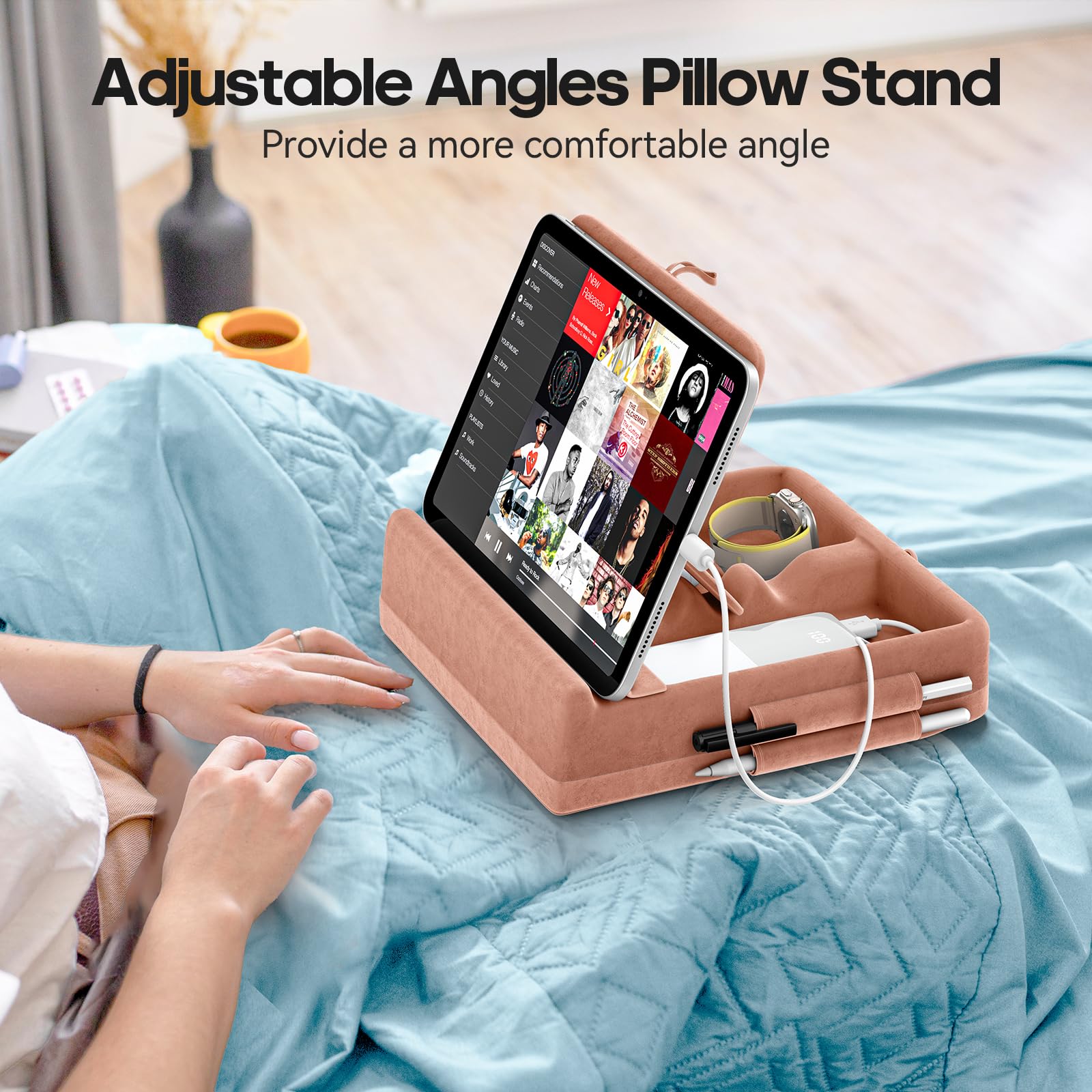 KDD Tablet Pillow Stand with Storage, Foldable iPad Holder for Bed, Lap and Desk, Angle Adjustable Soft Pad Dock with Stylus Mount Compatible with Ipad Pro 12.9, 10.5, 11, Air, Mini, Phones, Books