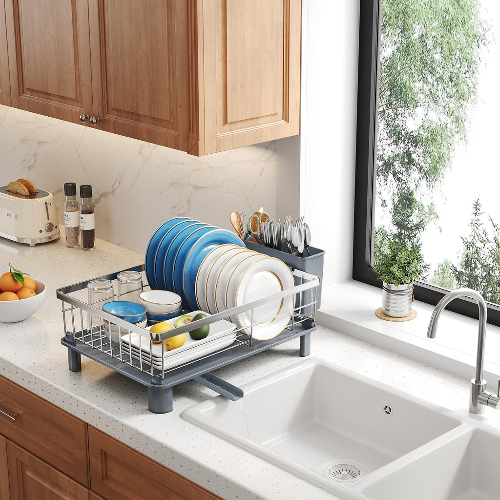 SNTD Dish Drying Rack - Small Dish Rack for Kitchen Counter, Stainless Steel Dish Drainer with Utensil Holder and Drainboard, 11" W x 15" L (Black)