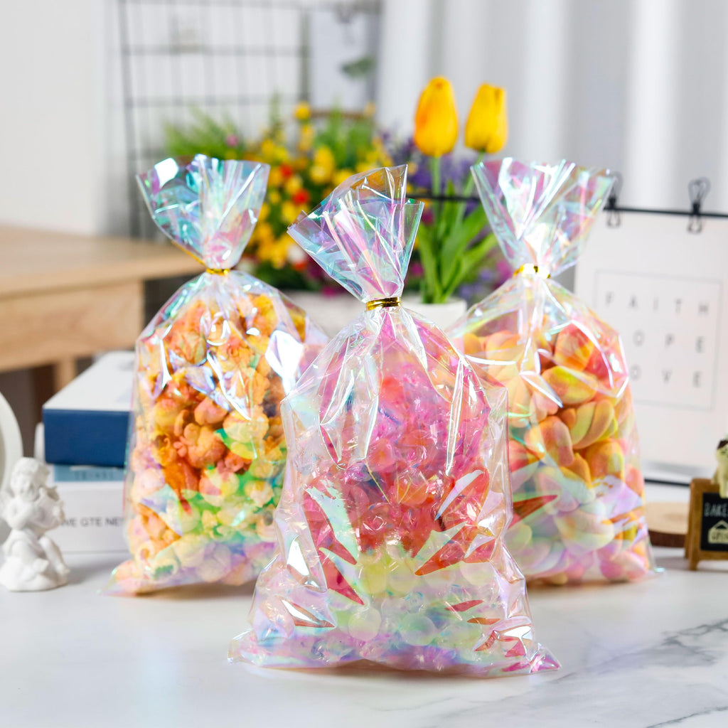 NPLUX Cellophane Treat Bags,Plastic Iridescent Party Favor Bags Clear Candy Bags with Twist Ties for Gift, Cookies, Snacks(100PACK, 6x10inch)