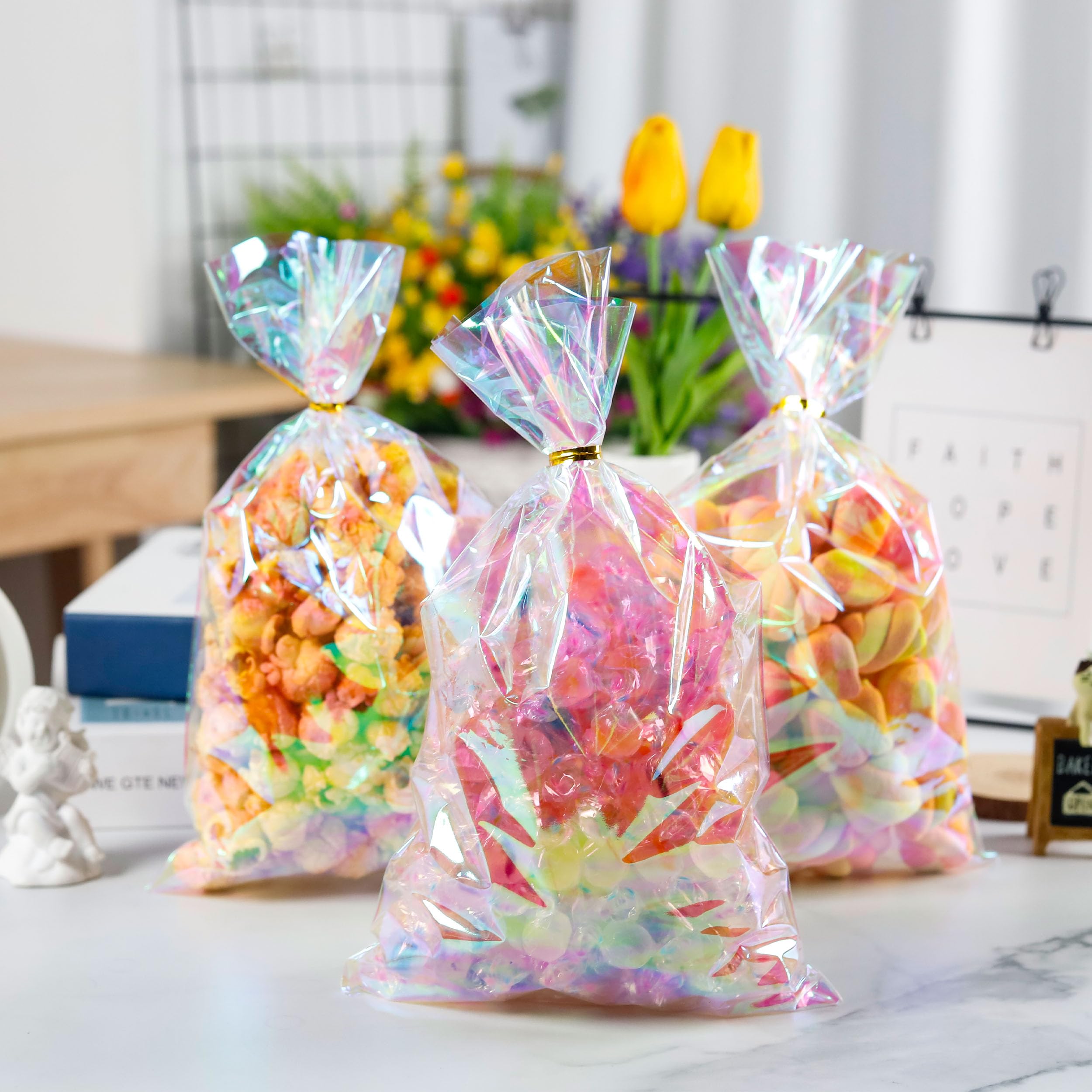 NPLUX Cellophane Treat Bags,Plastic Iridescent Party Favor Bags Clear Candy Bags with Twist Ties for Gift, Cookies, Snacks(100PACK, 6x10inch)