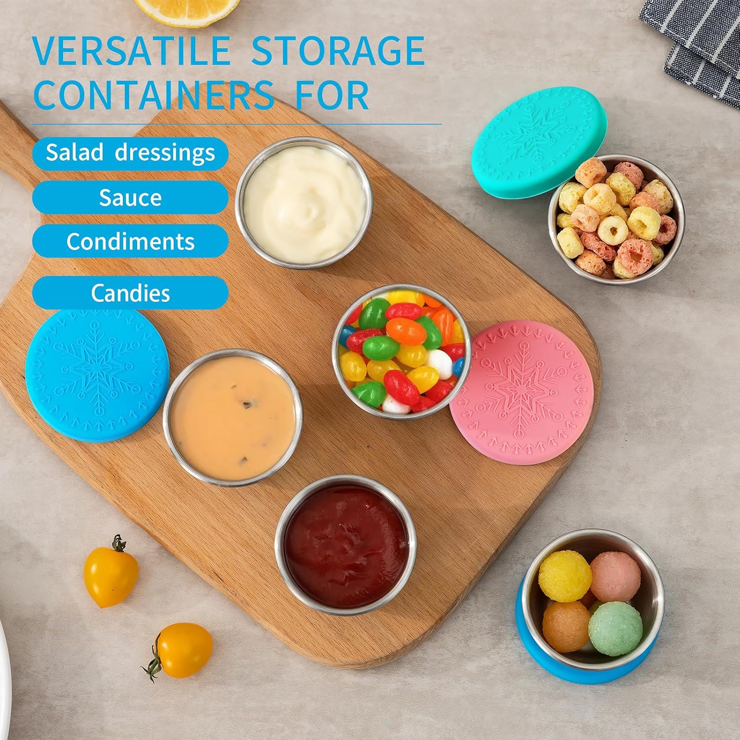Freshmage [6 Pack 2.4oz Stainless Steel Dressing Container with Silicone Lids and [6 Pack] 2.7 oz Small Condiment Containers