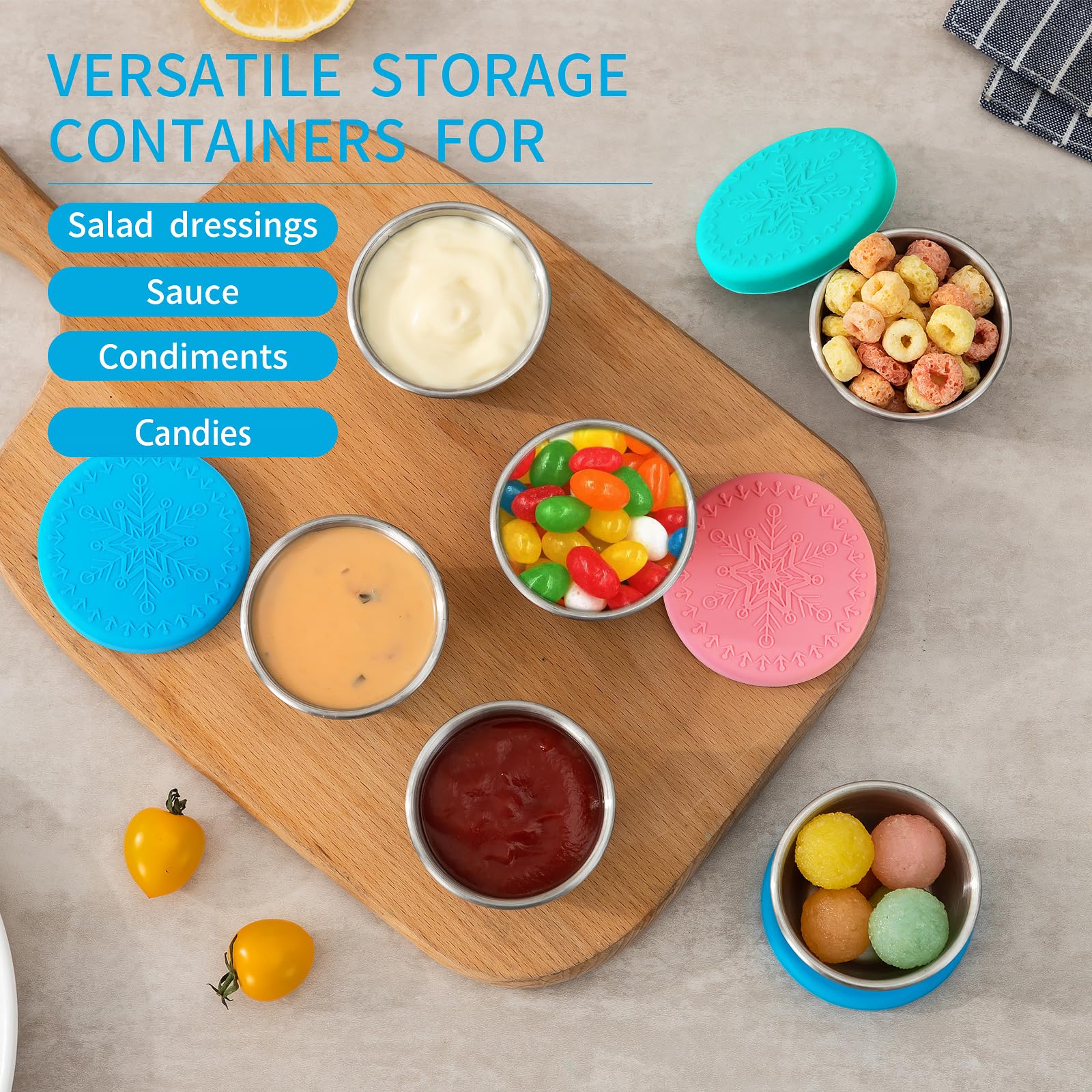 Freshmage [6 Pack 2.4oz] Stainless Steel Dressing Container with Silicone Lids, Reusable Leakproof Condiment Containers Small Sauce Container Sets