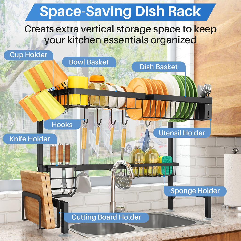 SNTD Over The Sink Dish Drying Rack - Adjustable Dish Rack for Kitchen Counter, Metal (Black)