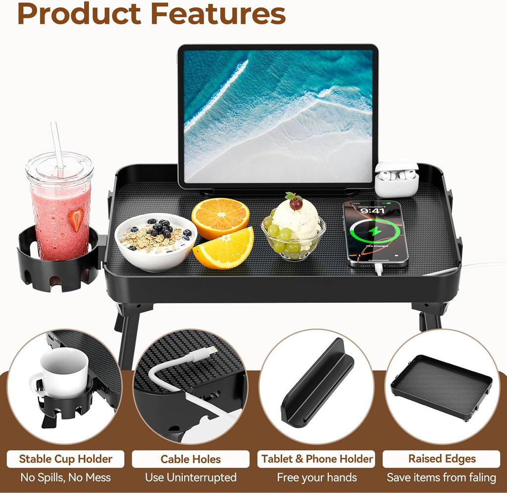 KDD Bed Tray Table with Folding Legs,Breakfast Tray with Removable Cup Holder & Phone Tablet Holder,Foldable Lap Tray for Bed, Sofa,Laptop Desk,Working,Snack, Kitchen Serving Tray,TV Table,Reading