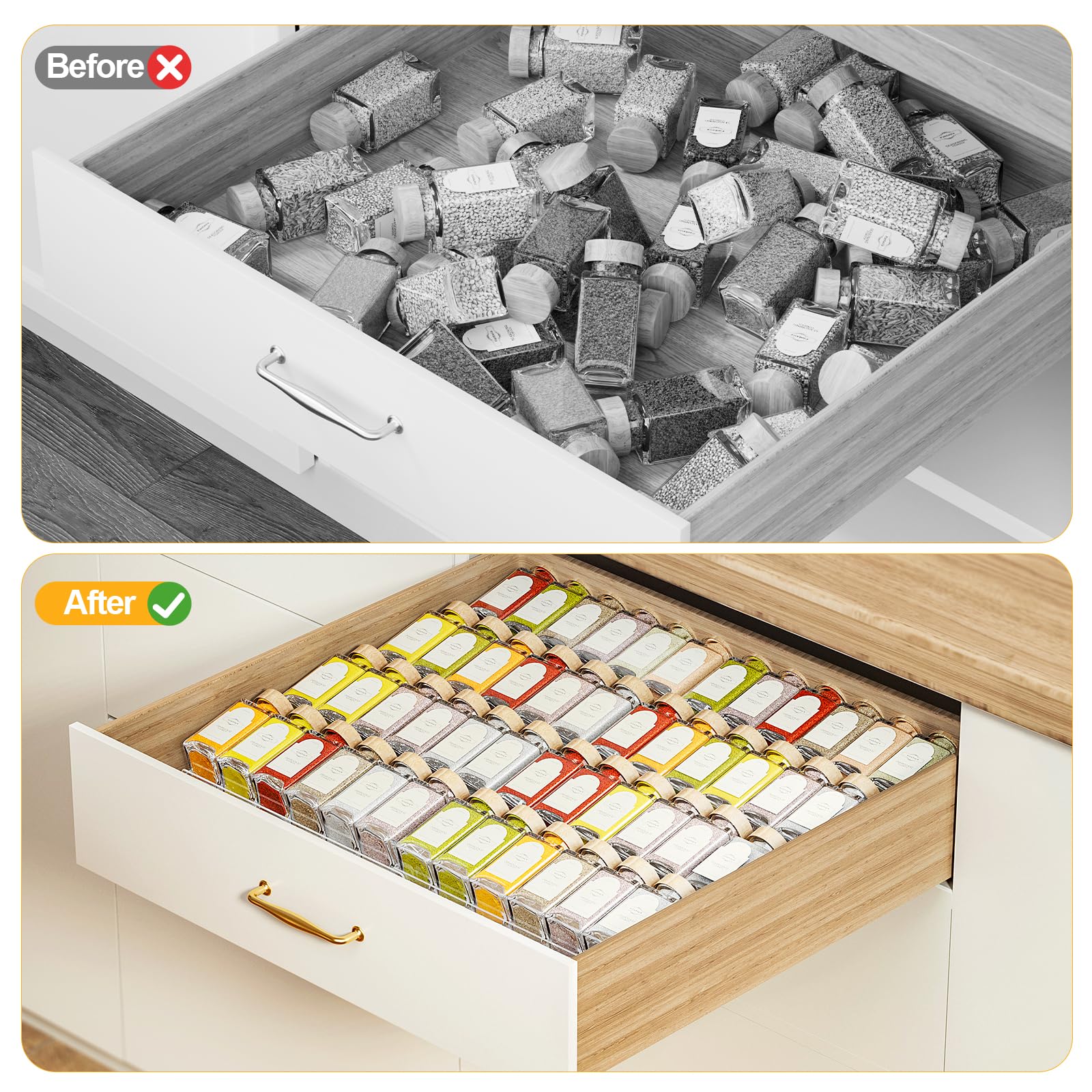 2-Tier Spice Drawer Organizer 4 Pack, Expandable from 11" to 22" Clear Acrylic Spice Rack for Drawer, Seasoning Organizer Holds Up to 48 Jars for Kitchen Spice Organization(Jars Not Included)