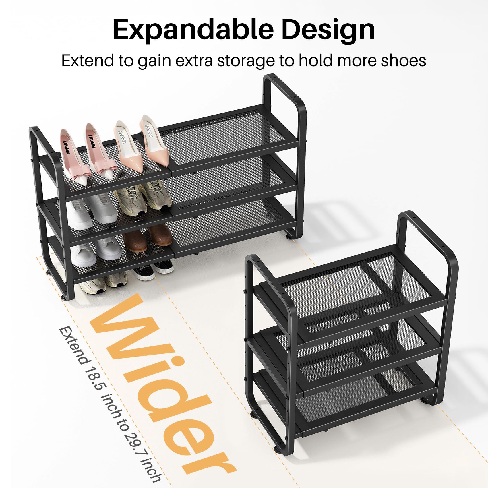 SNTD Shoe Rack - Expandable Shoe Organizer for Closet, Adjustable Metal Shoe Shelf Storage, Stackable Long Shoe Stand Holder for Garage, Entryway, Door Entrance (Black, 2-Tier)