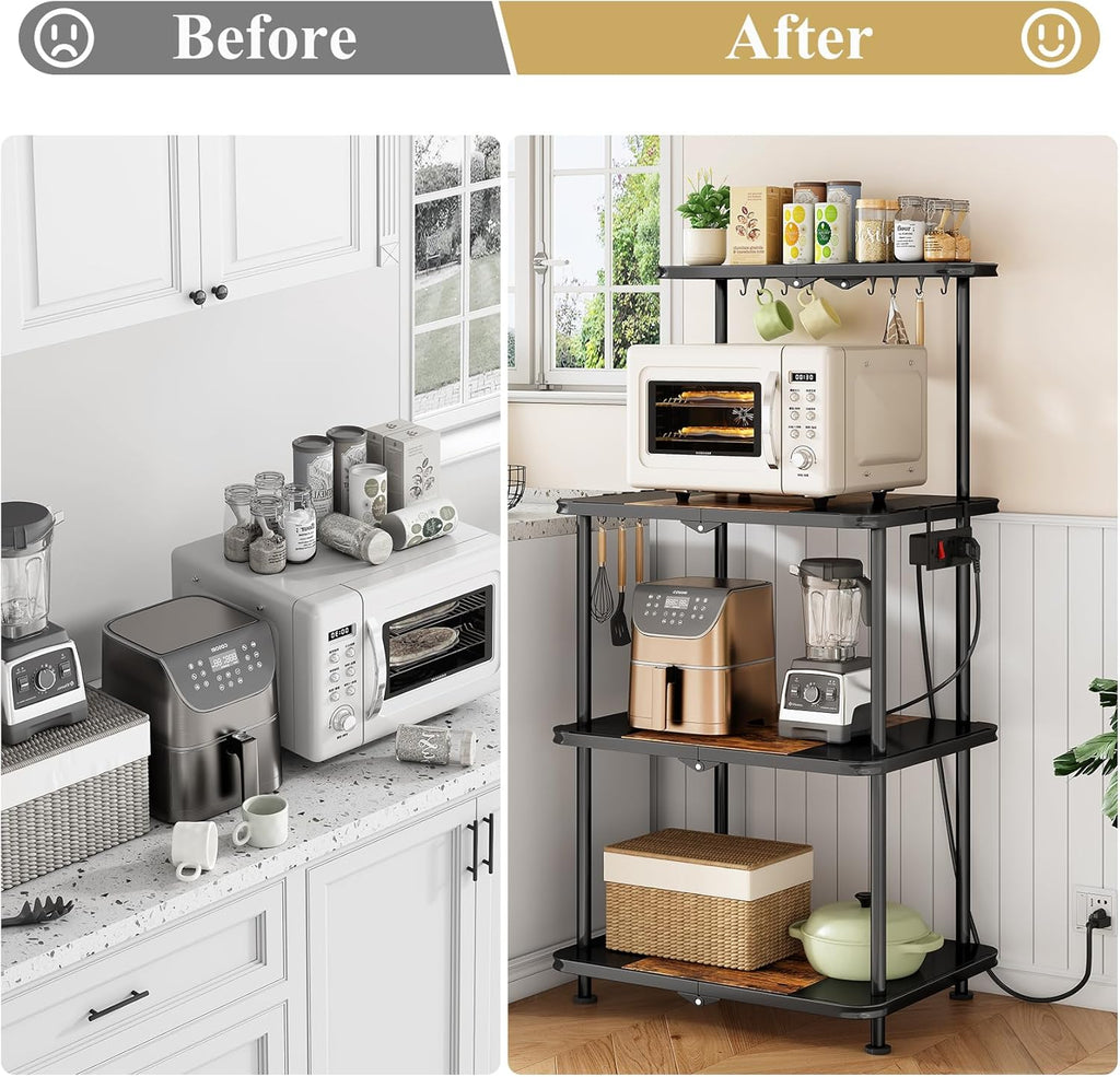 SNTD Kitchen Bakers Rack with Power Outlet - Easy & Tool-Free Assembly, Adjustable Coffee Bar Station 4 Tiers, Microwave Stand with 12 Hooks, Brown
