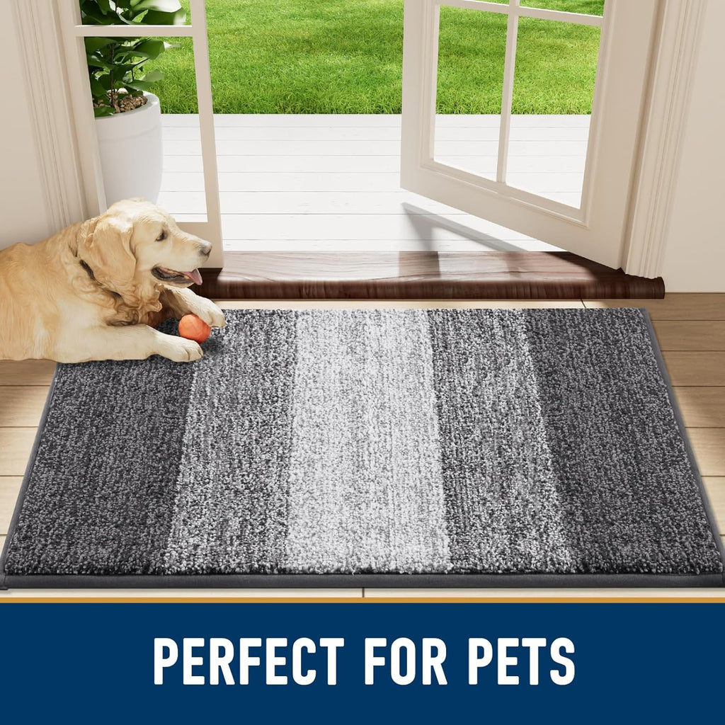 Smiry Dog Door Mat for Muddy Paws, Absorbs Moisture and Dirt, Low-Profile Entryway Mat with Non-Slip Backing, Entry Indoor Outdoor Doormat for Inside Floor (30x20 Inches, Grey, Striped)