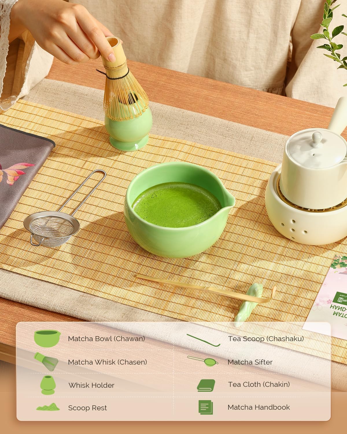 Maestri House 7-Piece Matcha Kit with Ceramic Bowl, Bamboo Whisk & Handcrafted Organic Bamboo Chasen with 72-Prong Design– Perfect for Matcha Lovers