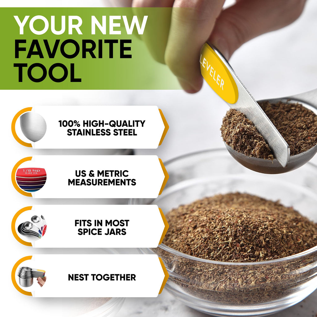 Spring Chef Magnetic Measuring Cups & Spoons Set, Patented, Strong N45 Magnets, Heavy Duty Stainless Steel Fits in Spice Jars for Baking & Cooking, BPA Free, Round Set of 15 with Leveler, Black