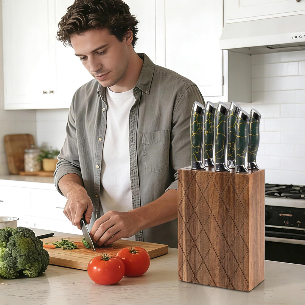 RedCall Universal Knife Block,6 Slot Acacia Wood Kitchen Knife Holder,Well Made Elegant Knives Storage Organizer for Countertop