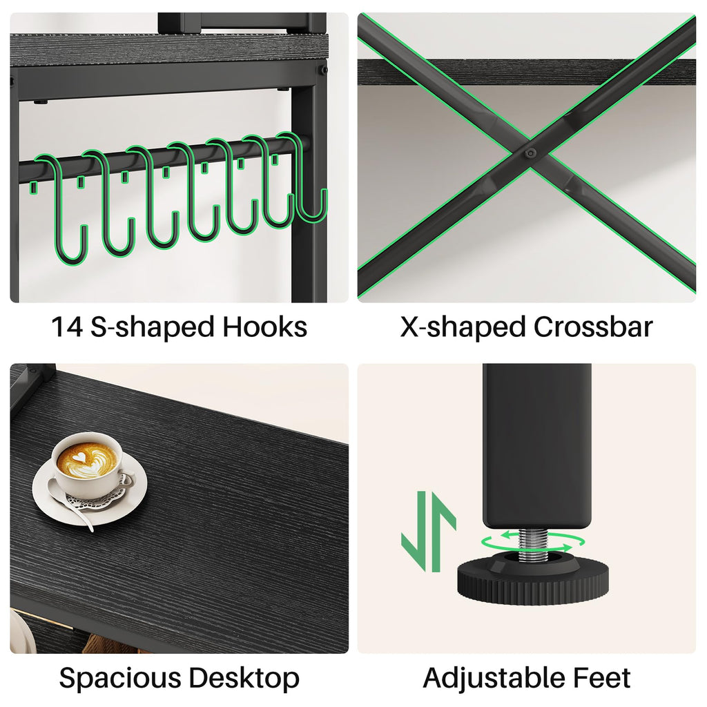 Baker Rack with Power Outlet - Microwave Stand with Storage, Large Coffee Bar Station with 14 Hooks, Metal Kitchen Shelf Rack for Spices, Pots (Rustic Brown) | with Power Outlet, with Storage, with 14 Hooks, for Spices, for Pots