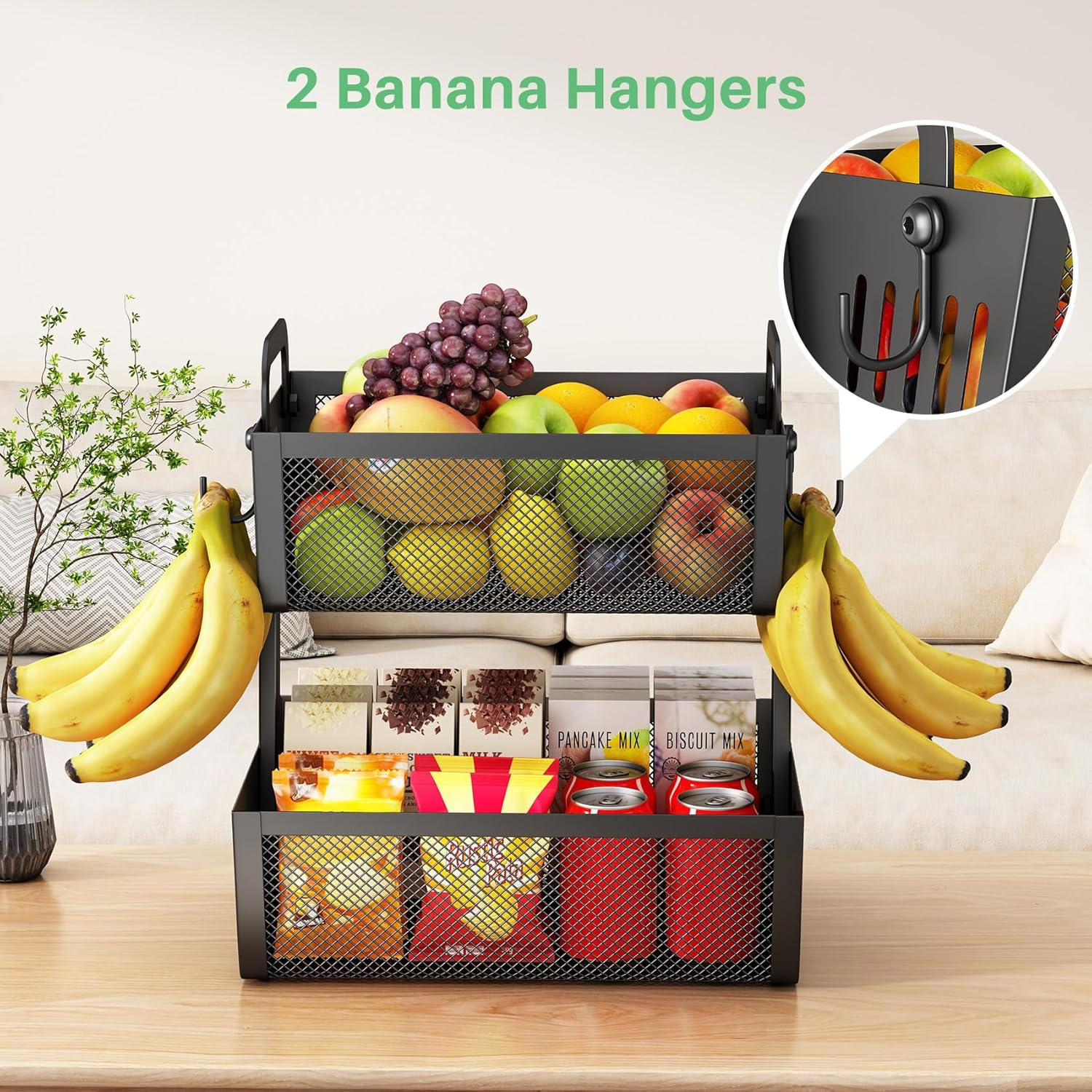 SAYZH Fruit Basket Bowls For Kitchen Counter with Banana Hangers - Detachable Metal Mesh Basket Fruit Stand with Handle - Kitchen Vegetables Bread Snacks Storage Organization, 2 Tier Black