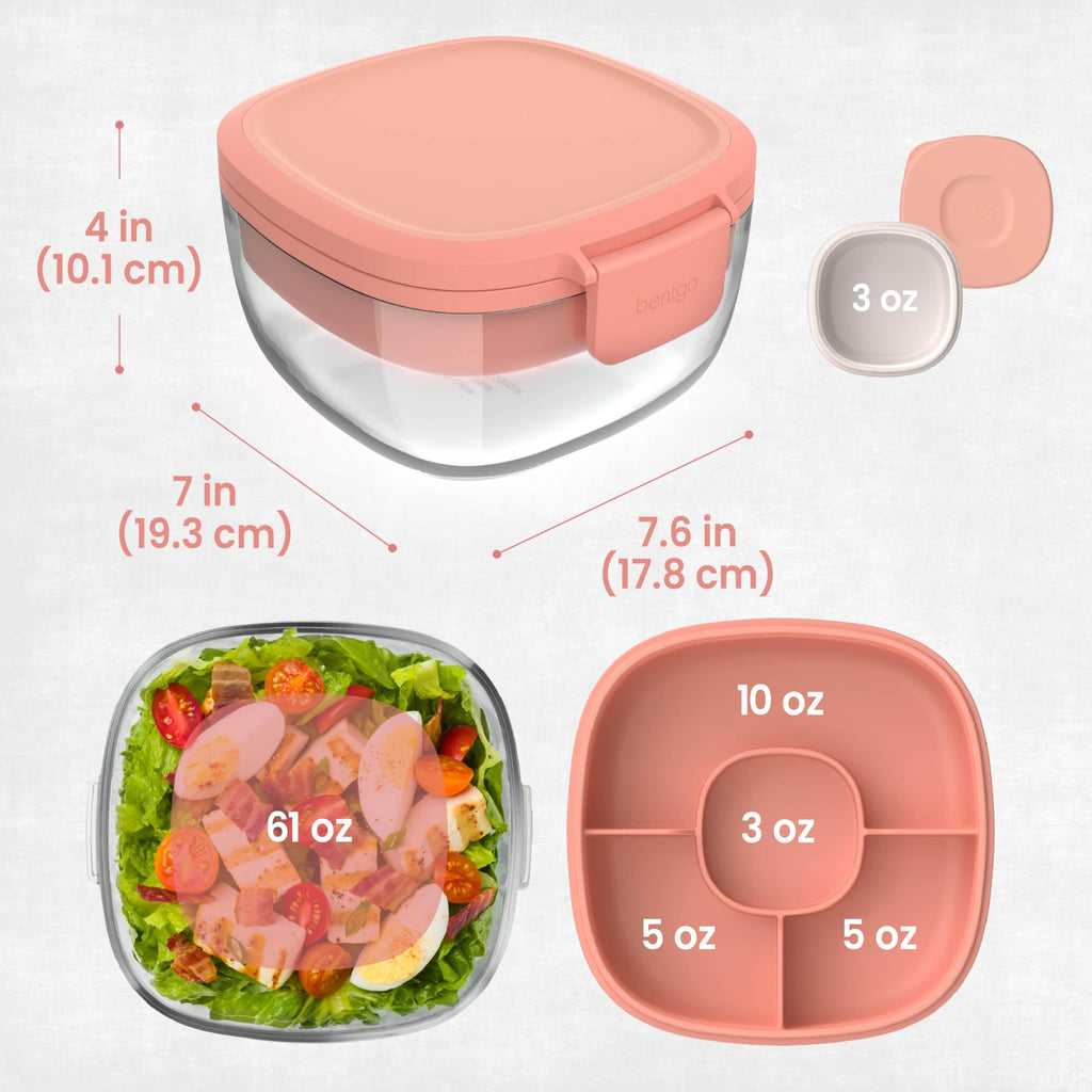 Bentgo Glass Salad Container - 7.6-Cup Salad Bowl with Airtight Lid, Leak-Proof Sauce Container, 4-Compartment Bento Tray & Reusable Fork - BPA-Free for Meal Prep, Office & More (Lavender)
