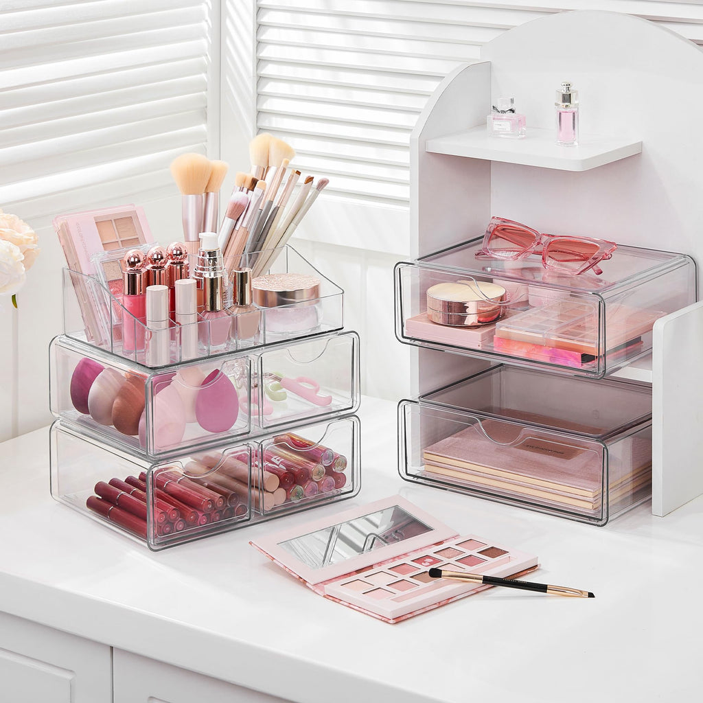 Vtopmart 3 Tier Clear Makeup Organizer with Drawer, Cosmetic Storage for Dresser Countertop and Bathroom Vanity, Beauty Holder for Lipstick Brush Skincare