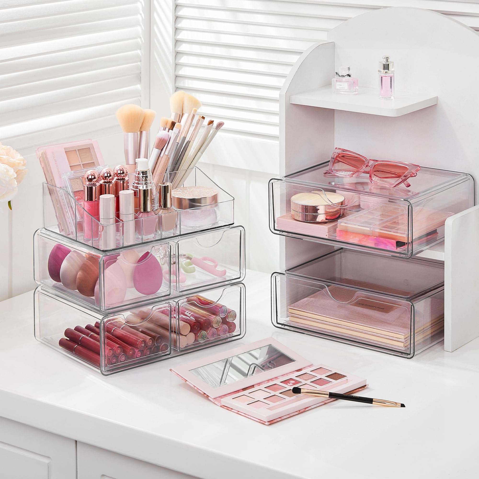 Vtopmart 3 Tier Clear Makeup Organizer with Drawer, Cosmetic Storage for Dresser Countertop and Bathroom Vanity, Beauty Holder for Lipstick Brush Skincare