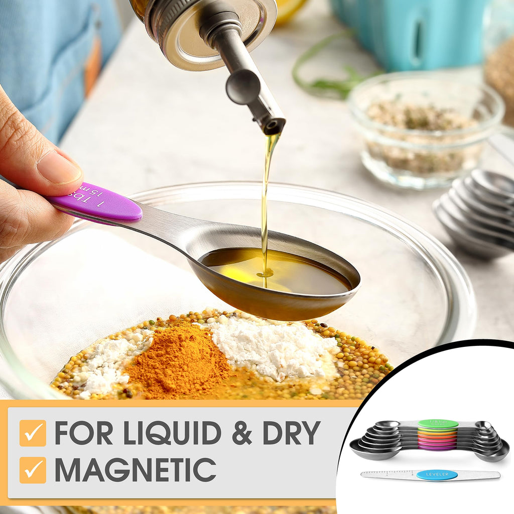 Spring Chef Stainless Steel Magnetic Measuring Spoons Set with Strong N45 Magnets, Heavy Duty Metal Kitchen Gadgets for Baking & Cooking, Fits in Most Kitchen Spice Jars, Set of 8 with Leveler, Black