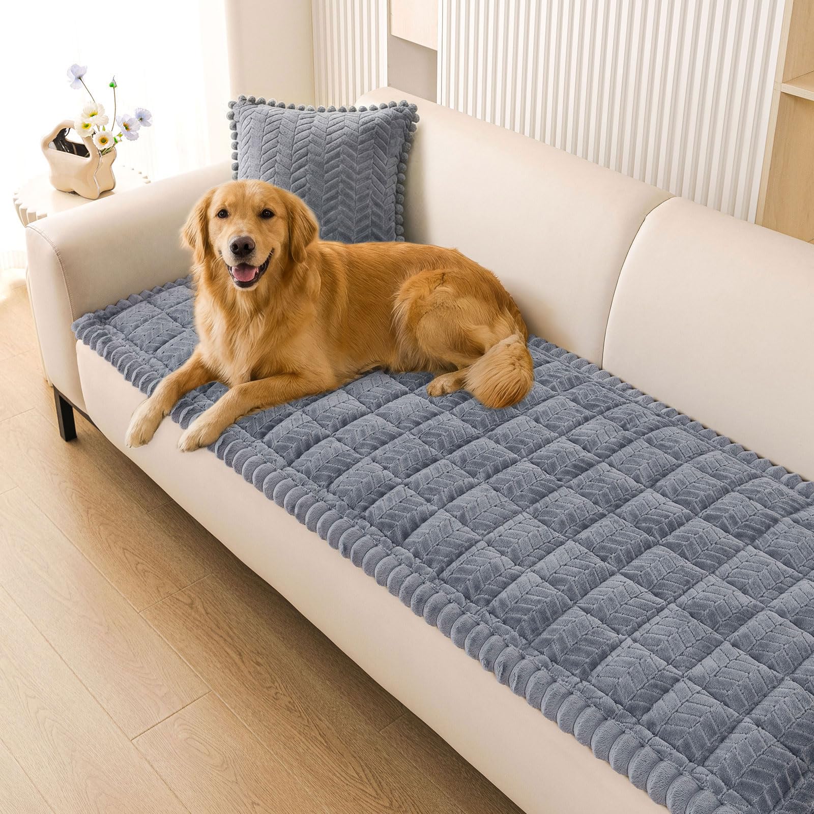 Smiry Non Slip Couch Covers for Dogs, Fuzzy Pet Couch Covers for 2-3 Cushion Sofa Pet Friendly, Soft Sofa Slipcovers Cushion Furniture Protector Washable (Beige, 27.6" x 59")