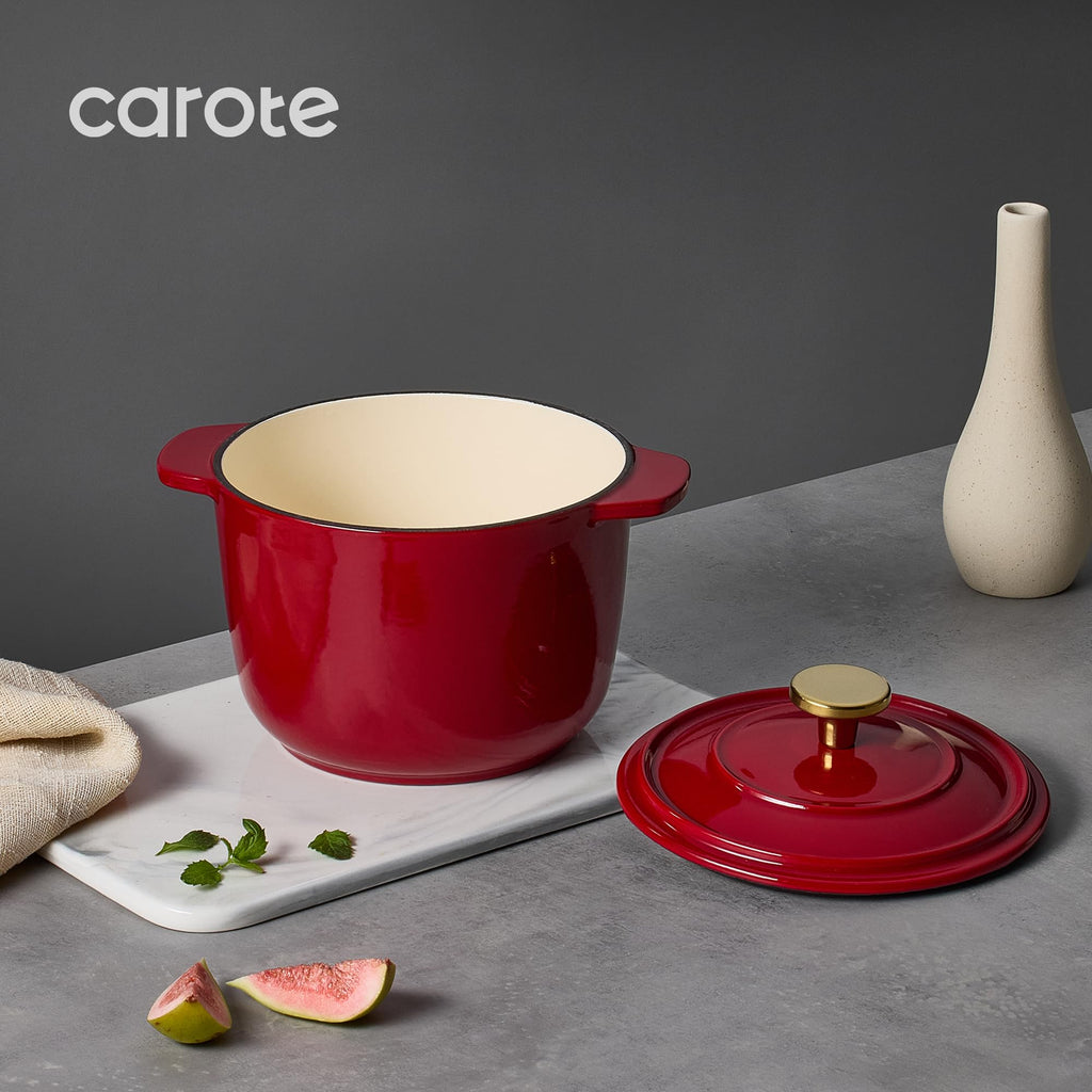 CAROTE 2QT Enameled Cast Iron Dutch Oven Pot with Lid, Mini Round Dutch Oven for Small Sourdough Bread, Stews, Soups, Sauces, Beans, Rice, Serves 1-2, Dual Handles, Healthy & Non-Toxic, All Stovetop Compatible, Oven Safe up to 500° F, White