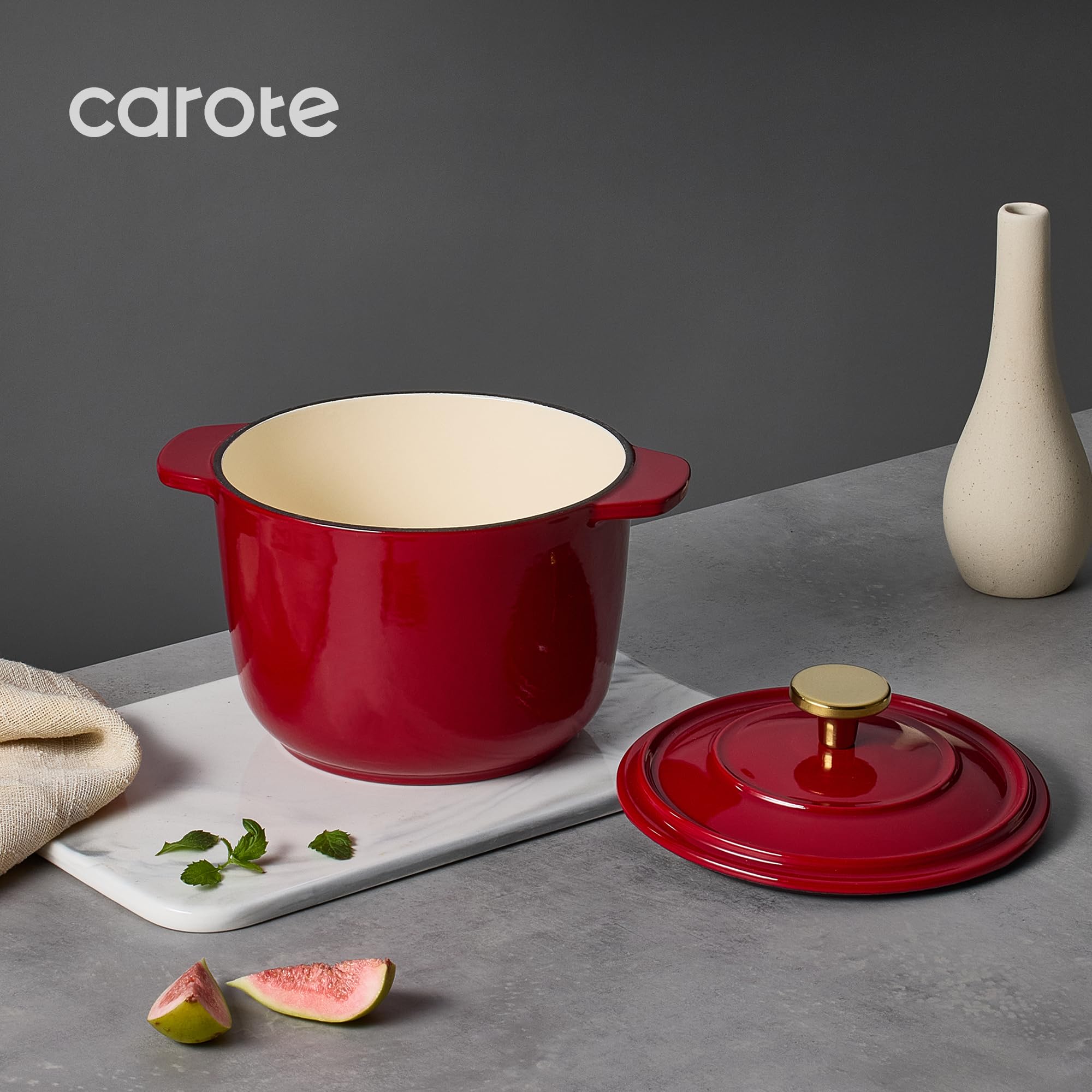 CAROTE 2QT Enameled Cast Iron Dutch Oven Pot with Lid, Mini Round Dutch Oven for Small Sourdough Bread, Stews, Soups, Sauces, Beans, Rice, Serves 1-2, Dual Handles, Healthy & Non-Toxic, All Stovetop Compatible, Oven Safe up to 500° F, White