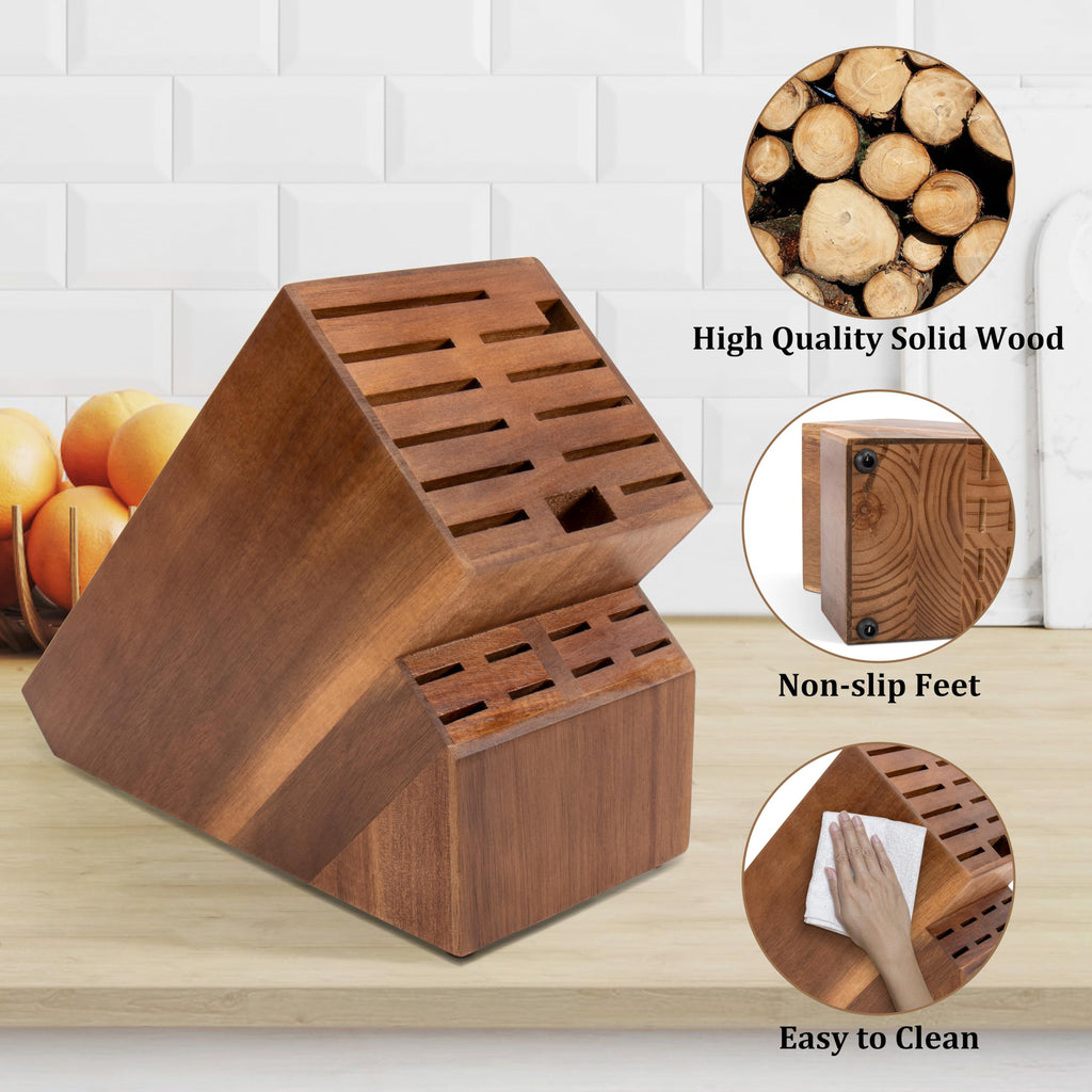 20 Slot Knife Block Storage without Knives,Acacia Wood Universal Knife Holder for Kitchen Countertop,Large Butcher Block Organizer,Easy Kitchen Knife Storage (Black)