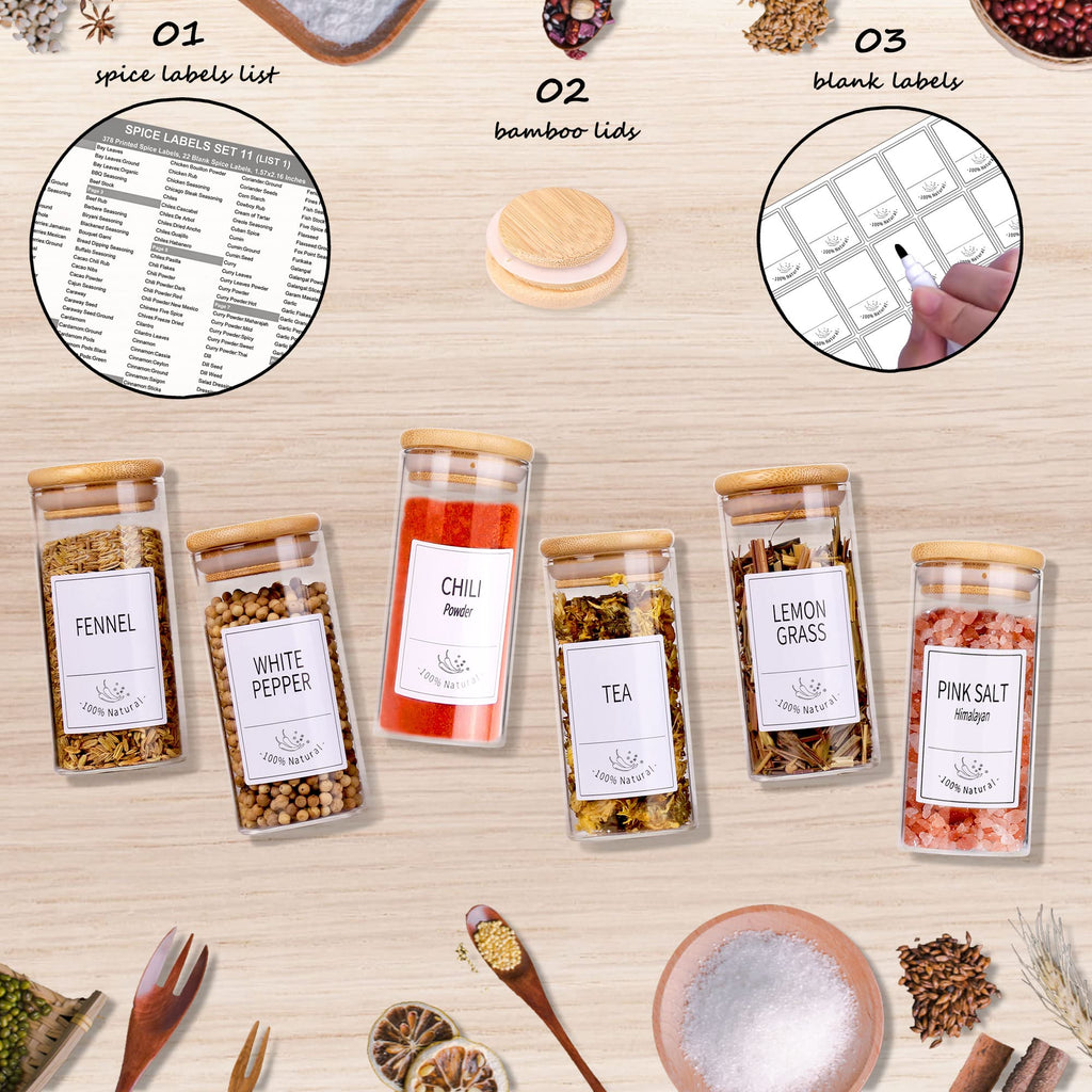 Churboro 24 Glass Spice Jars with Bamboo Airtight Lids, 400 Spice Labels, Funnel and Chalk Marker Set Spice Containers, 4 OZ Glass Storage Jars.