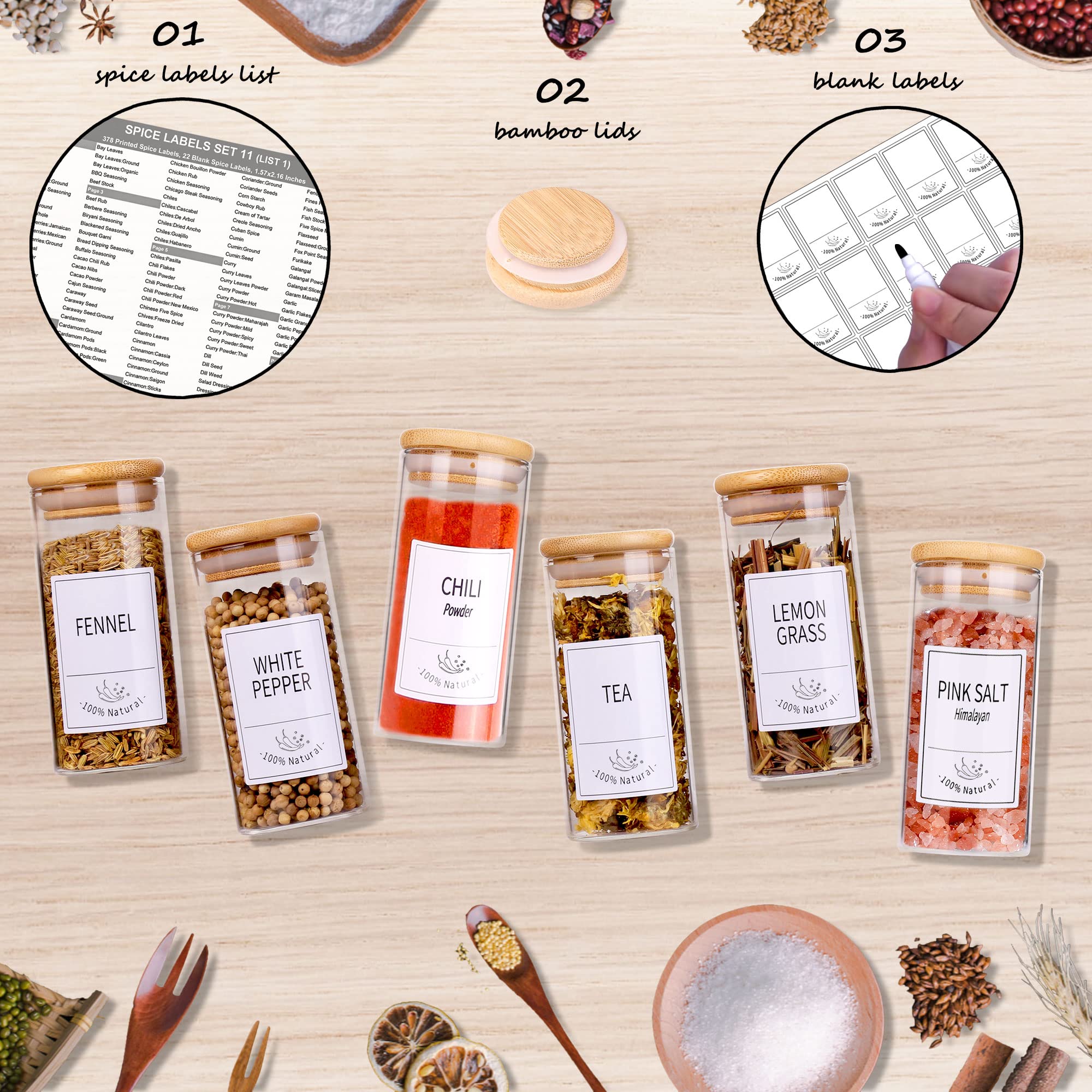 Churboro 24 Glass Spice Jars with Bamboo Airtight Lids, 400 Spice Labels, Funnel and Chalk Marker Set Spice Containers, 4 OZ Glass Storage Jars.