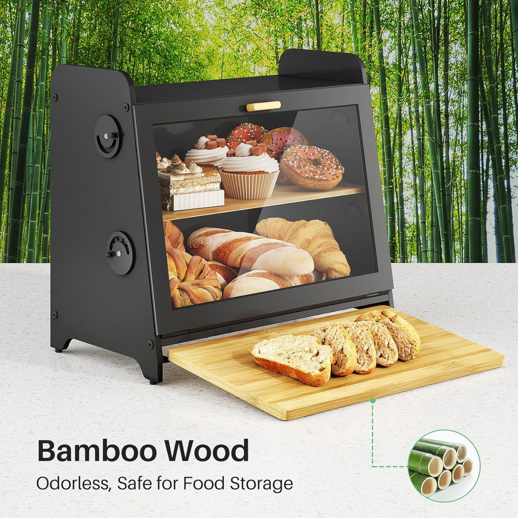 SNTD Bread Box for Kitchen Countertop, Airtight Homemade Bread Storage Container with Adjustable Vent Holes, Bamboo Cutting Board (Black, L)