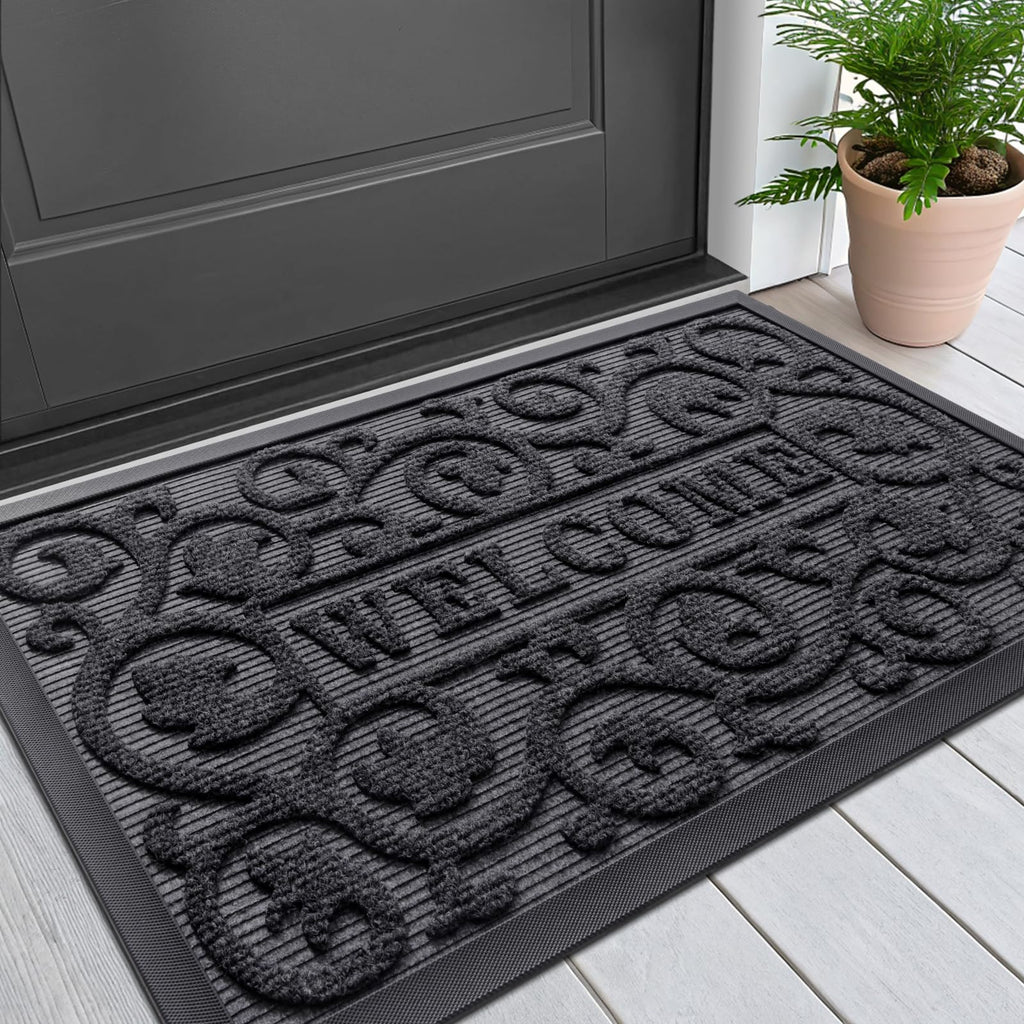 Smiry Front Door Mat Outside Entrance, Heavy Duty Sturdy Natural Rubber Doormat, Trap Dirt and Moisture, Easy Clean Low Profile Mats for Indoor Outdoor Entry, Irregular Triangle (29.5x17, Black)