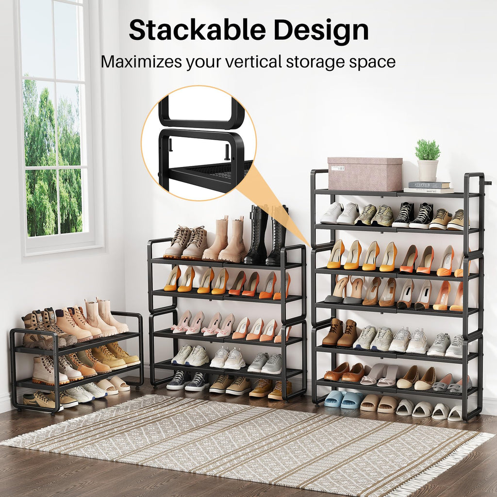 SNTD Shoe Rack - Expandable Shoe Organizer for Closet, Adjustable Metal Shoe Shelf Storage, Stackable Long Shoe Stand Holder for Garage, Entryway, Door Entrance (Black, 2-Tier)