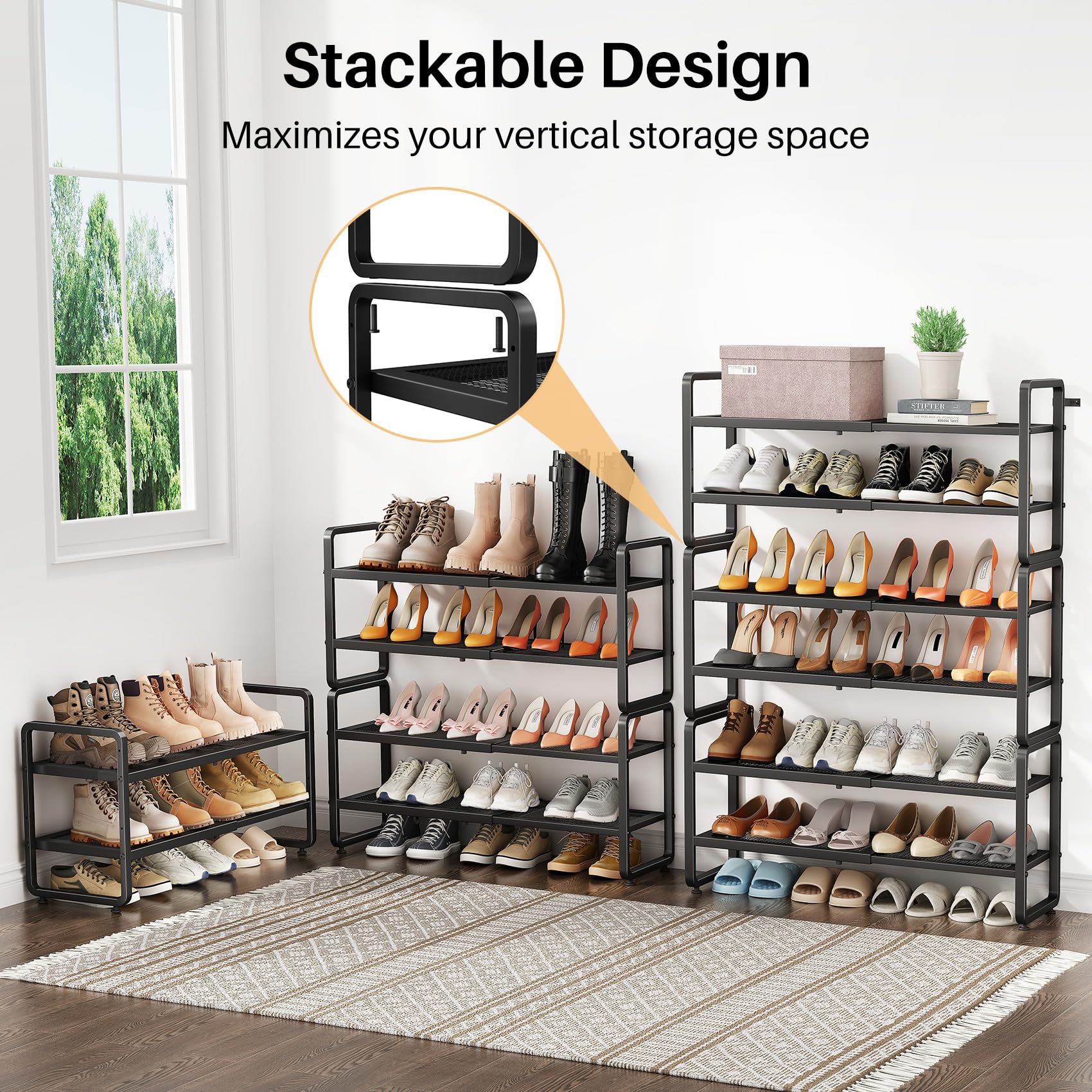 SNTD Shoe Rack - Expandable Shoe Organizer for Closet, Adjustable Metal Shoe Shelf Storage, Stackable Long Shoe Stand Holder for Garage, Entryway, Door Entrance (Black, 2-Tier)