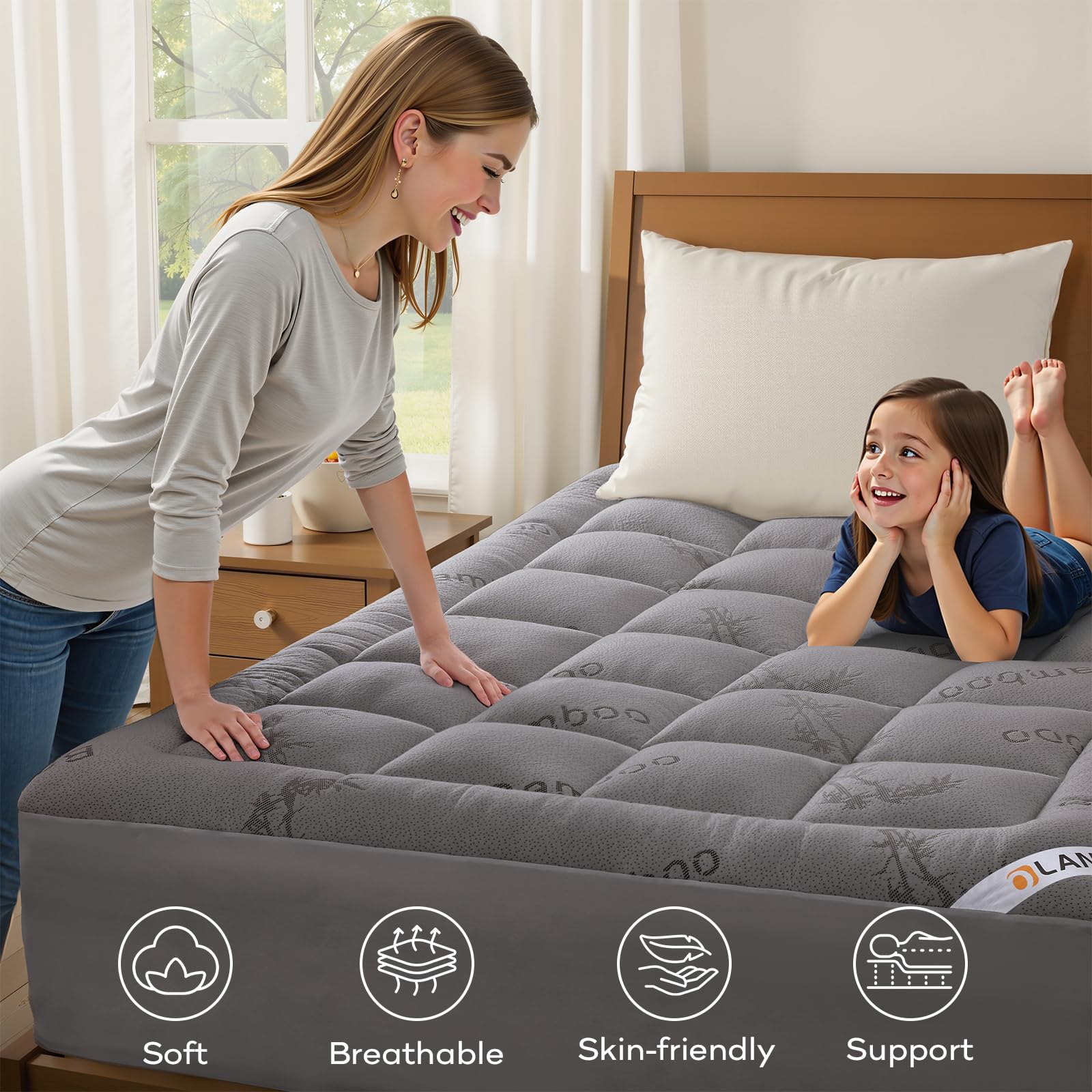 OLANLY Queen Mattress Topper – Viscose Made from Bamboo, Cooling Soft Queen Pillow Top Mattress Pad for Back Pain Relief, Plush Down Alternative Fill Bed Topper with Elastic Deep Pocket, Dark Gray