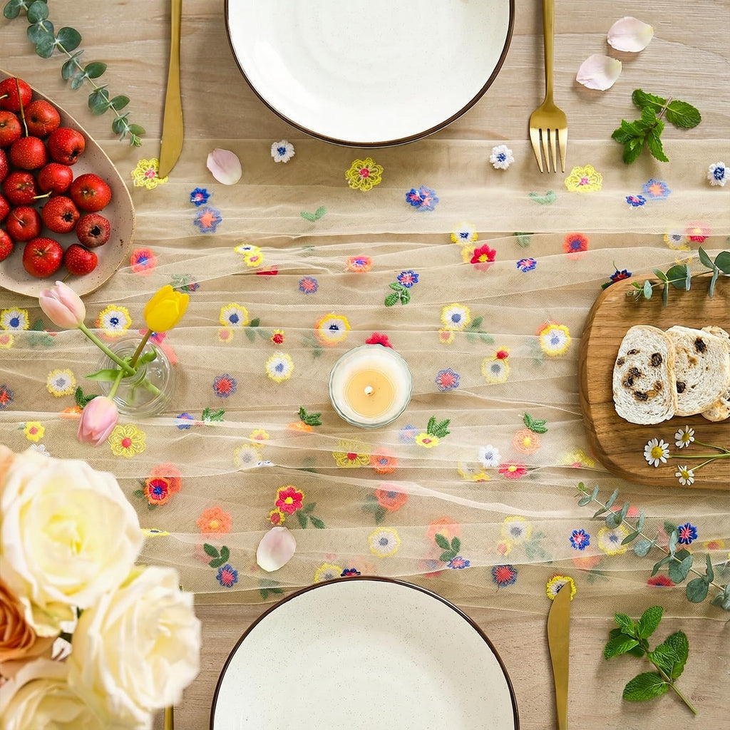 Artoid Mode Champagne Embroidery Daisy Gauze Table Runner 120 Inch 10FT, Seasonal Sheer Kitchen Dining Holiday Wedding Birthday Table Decor for Home Party