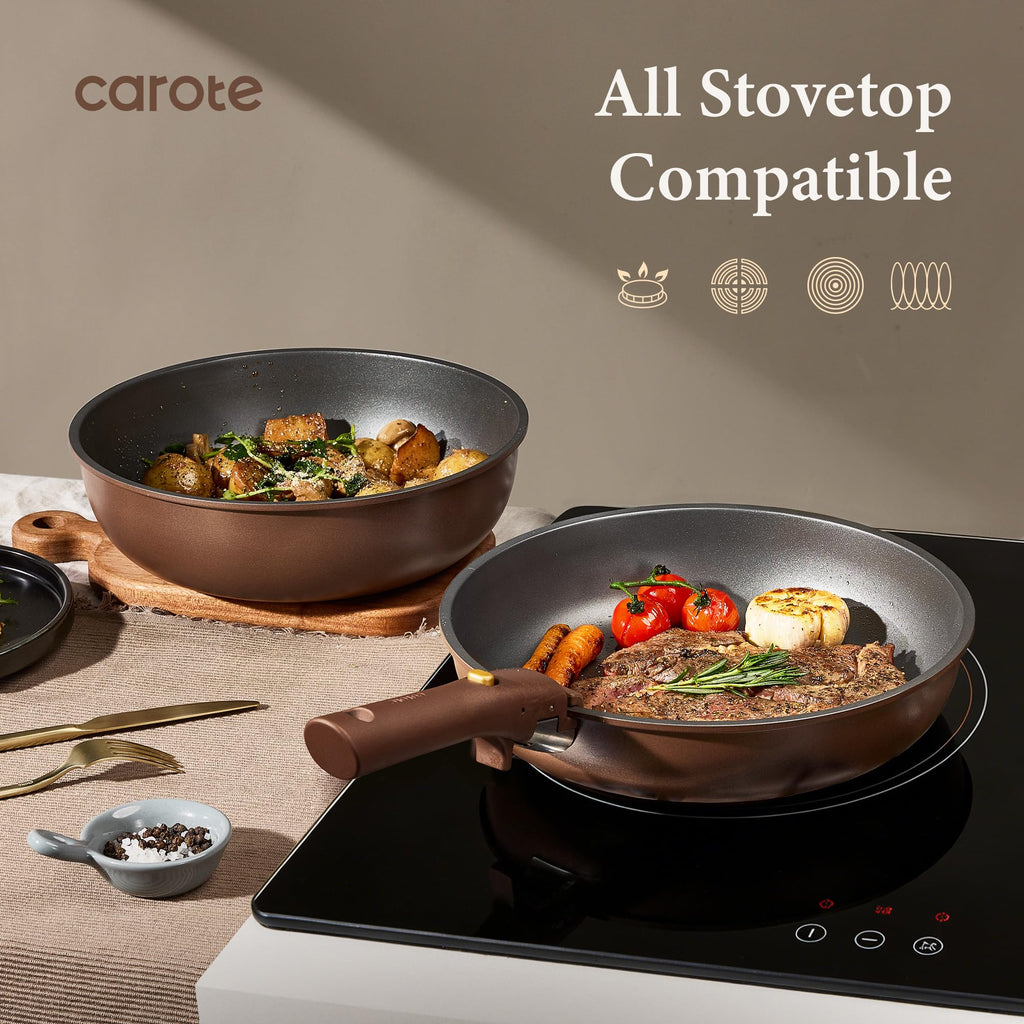 CAROTE 21pcs Pots and Pans Set, Nonstick Cookware Set Detachable Handle, Induction Kitchen Cookware Sets Non Stick with Removable Handle, RV Cookware Set, Gold and Purple