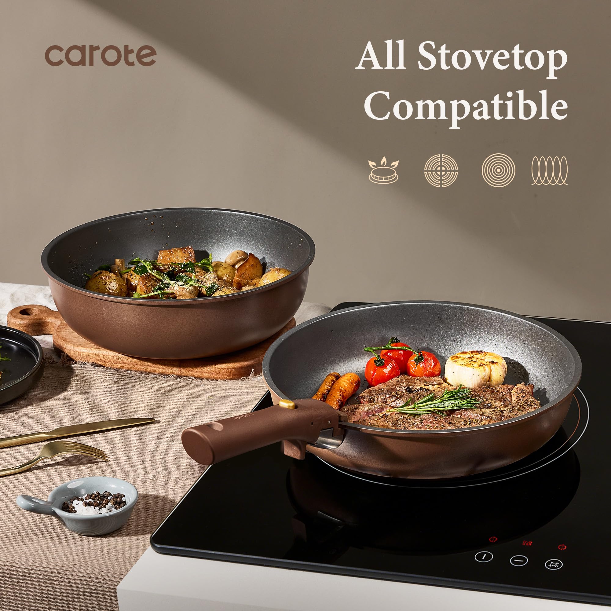 CAROTE 21pcs Pots and Pans Set, Nonstick Cookware Set Detachable Handle, Induction Kitchen Cookware Sets Non Stick with Removable Handle, RV Cookware Set, Gold and Purple