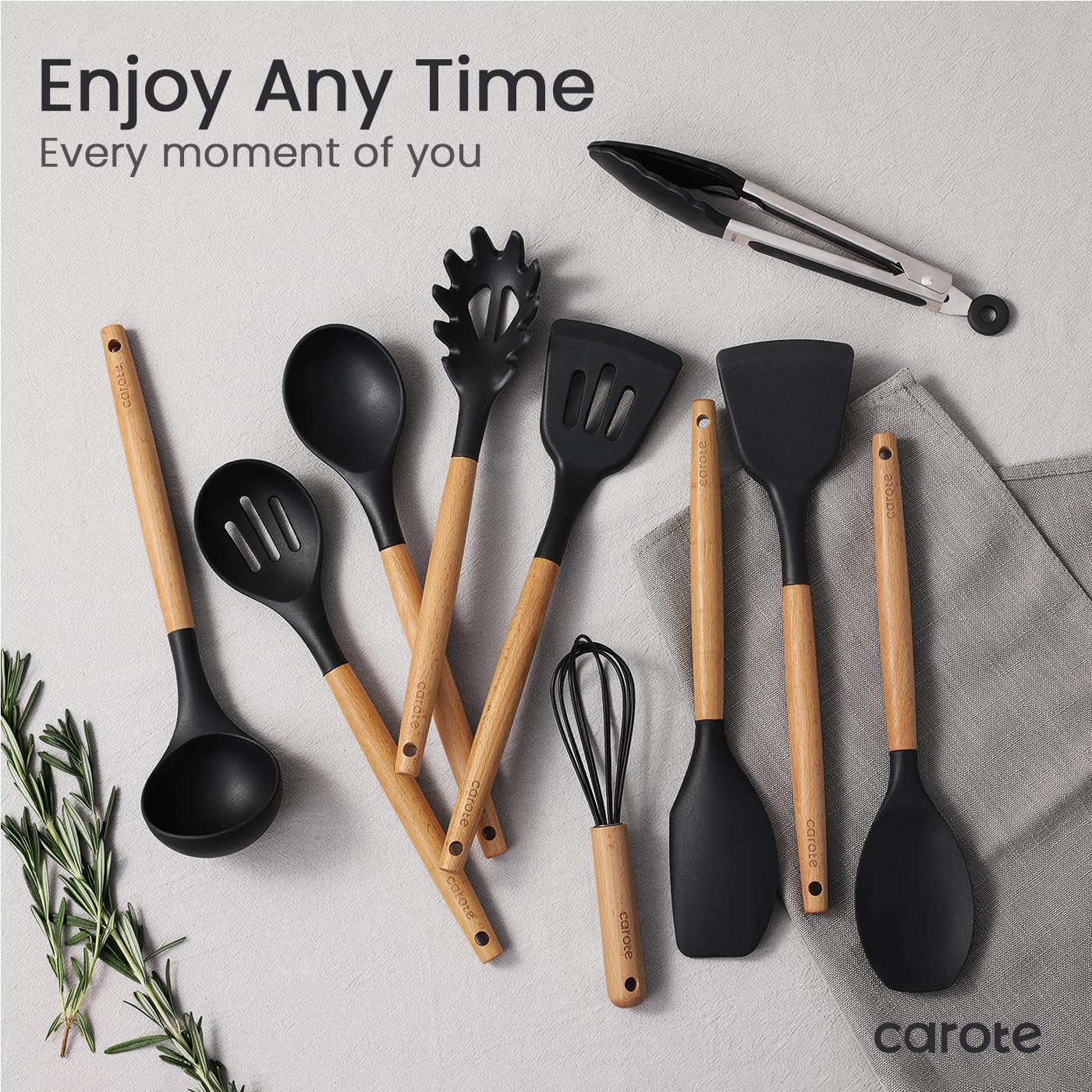 CAROTE Silicone Cooking Utensils Set for Nonstick Cookware, 446°F Heat Resistant Kitchen Utensil Set with Wooden Handle 10pcs, Spatula, Turner, Spoon, Tongs, Whisk
