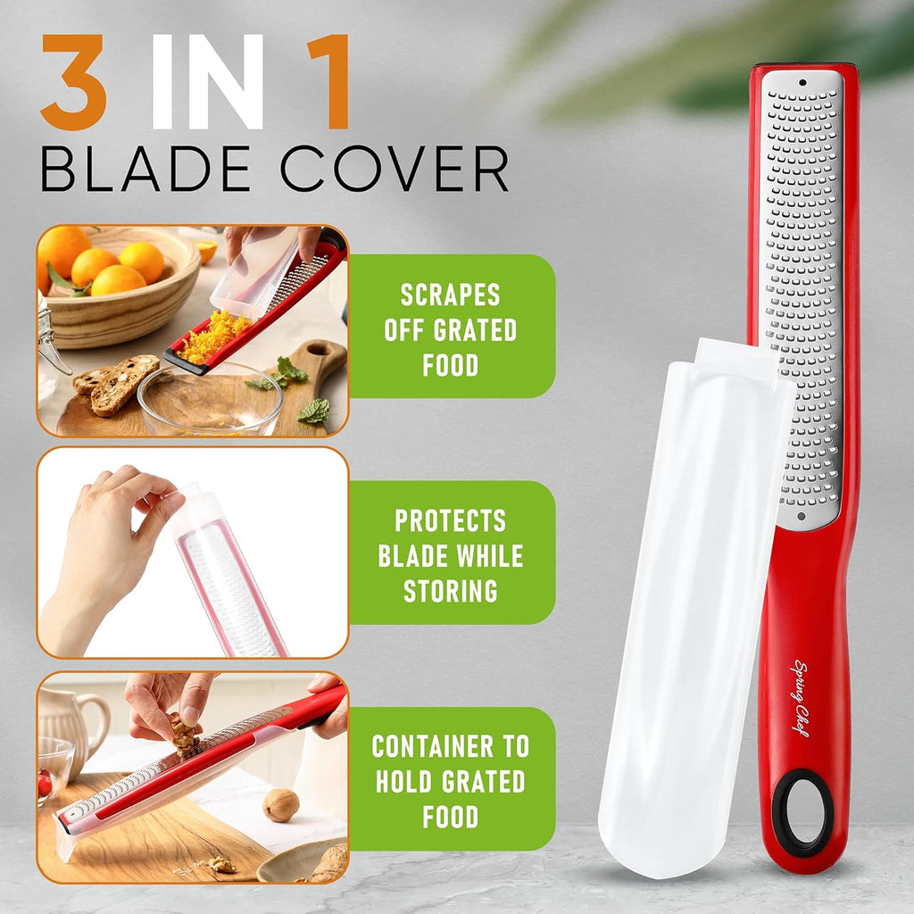 Spring Chef Stainless Steel Can Opener with Built-in Magnetic Lid Remover & Premium Lemon Zester with Blade Cover, Fine Shred - 2 Product Bundle - Red