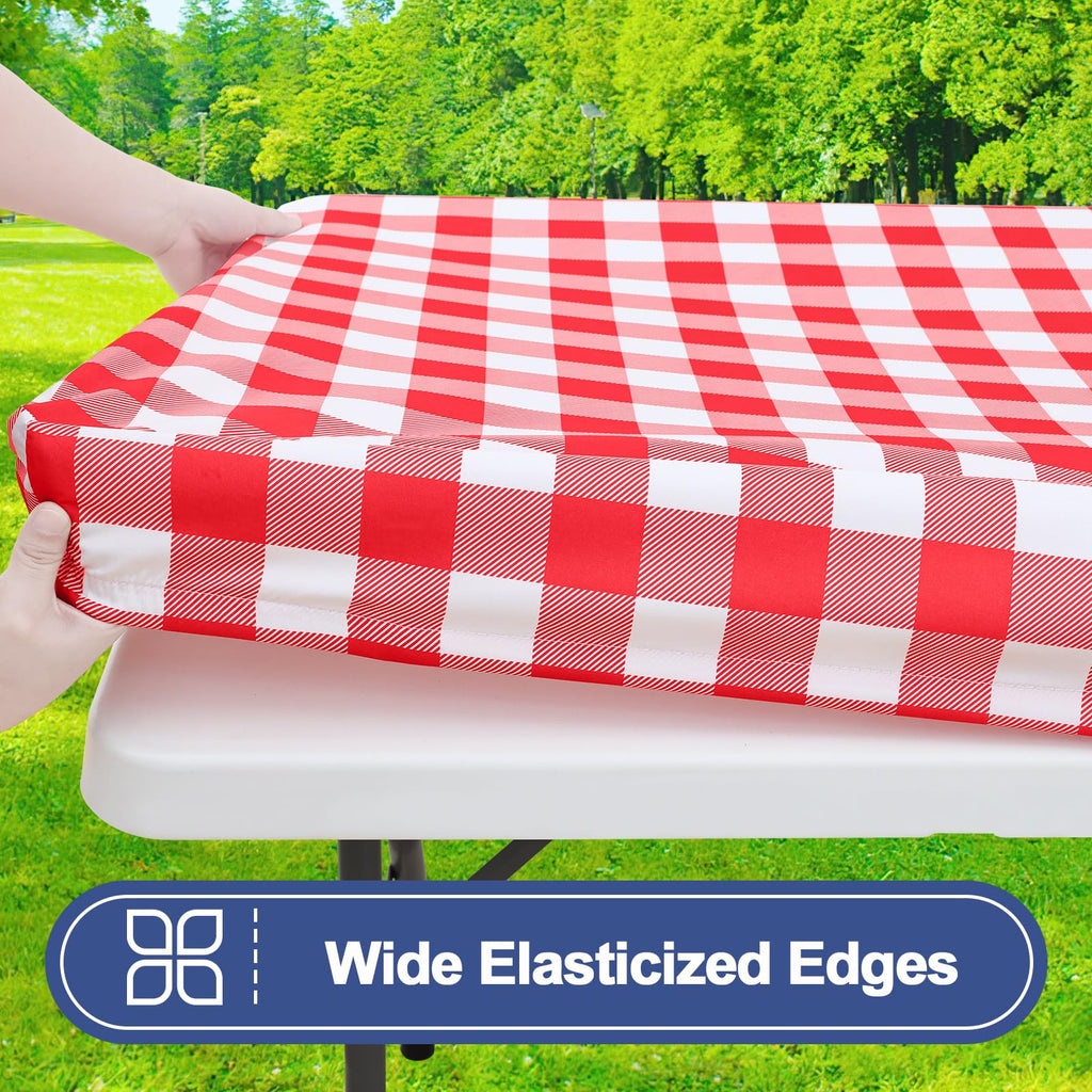 Smiry Picnic Table Cover with Bench Covers, Waterproof Elastic Fitted Tablecloths for 6 Foot Rectangle Tables, Washable Buffalo Plaid Tablecloth for Camping, Outdoor (Black & White, 30"x72")