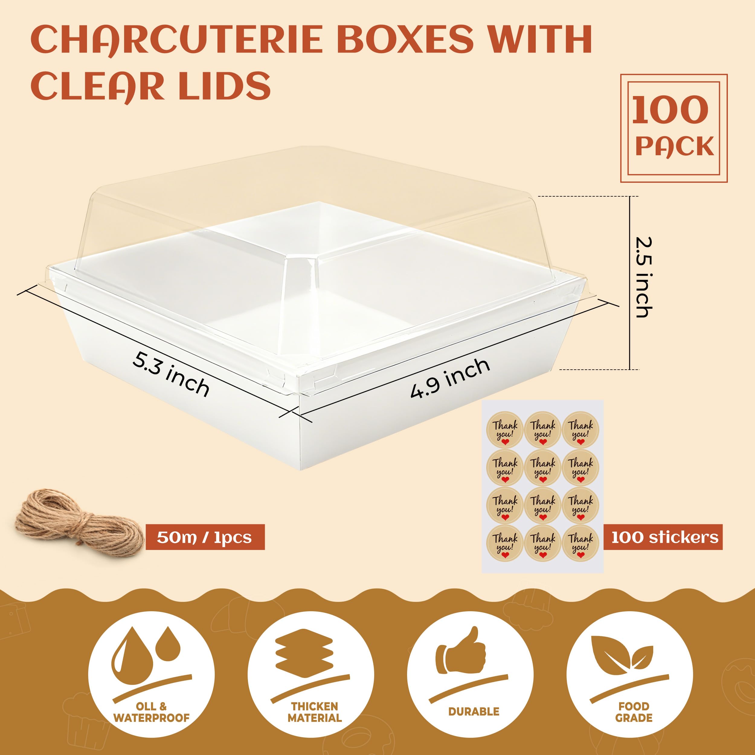 Disposable Charcuterie Boxes with Clear Lid, Food Boxes for Cold&Room Temperature Foods,Grease-Resistant Bakery Packaging for Pastry & Takeout Use 5.3x4.9x2.5INCH(50 Pack,Brown)
