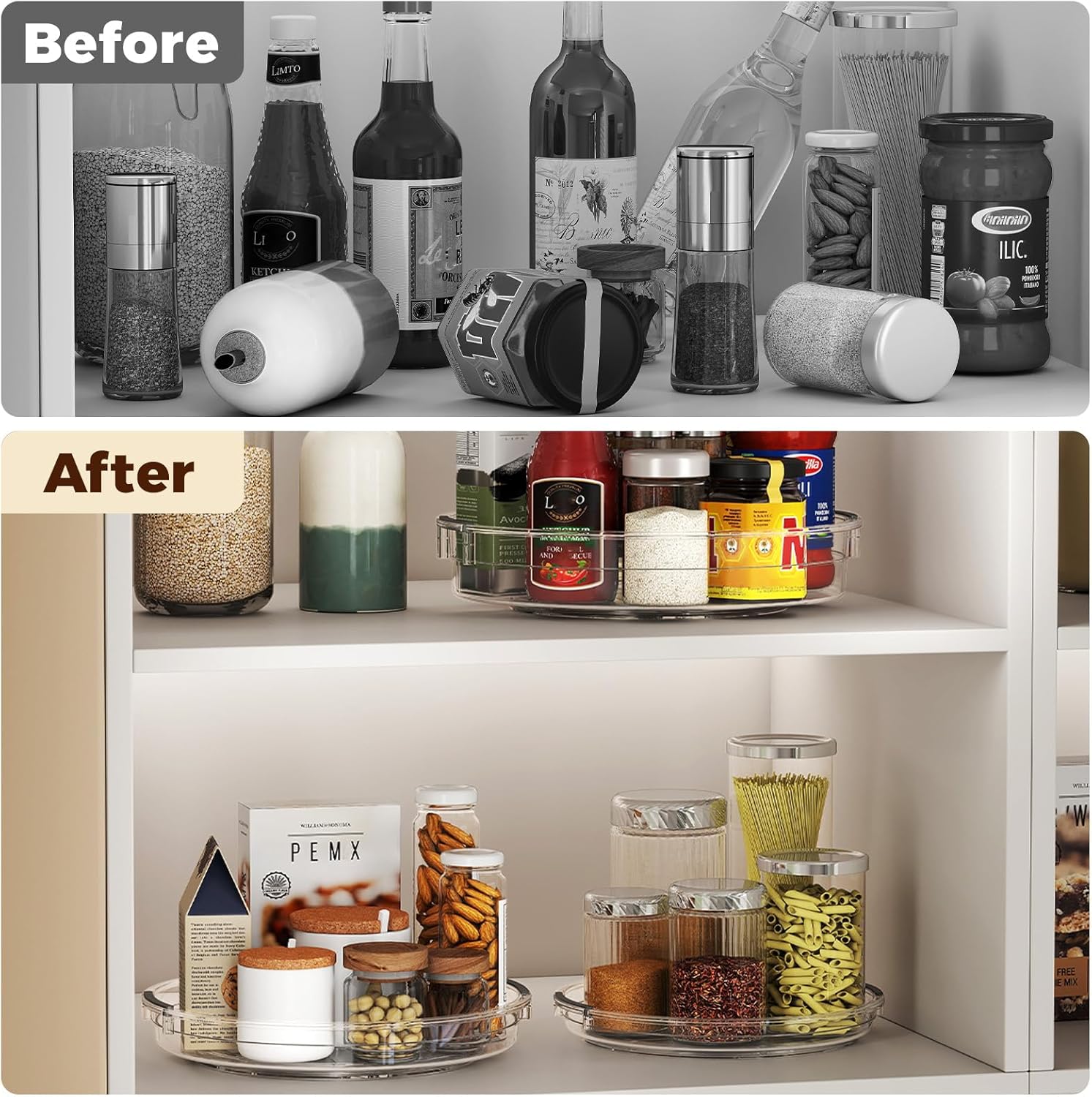 3 Pack Clear Lazy Susan Turntable Organizer for Cabinet, Table Top, Refrigerator, Kitchen Pantry Organizers and Storage, Spice Organizer, 12'', 10.6'', 9.25''