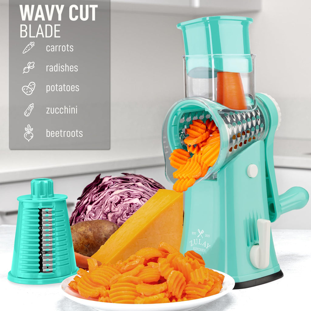 Zulay Kitchen Rotary Cheese Grater 5 Blade Cheese Shredder - Manual Hand Crank Cheese Grater With Reinforced Suction & 5 Interchangeable Drums - Easy to Use, Vegetable Chopper Round Mandoline Slicer