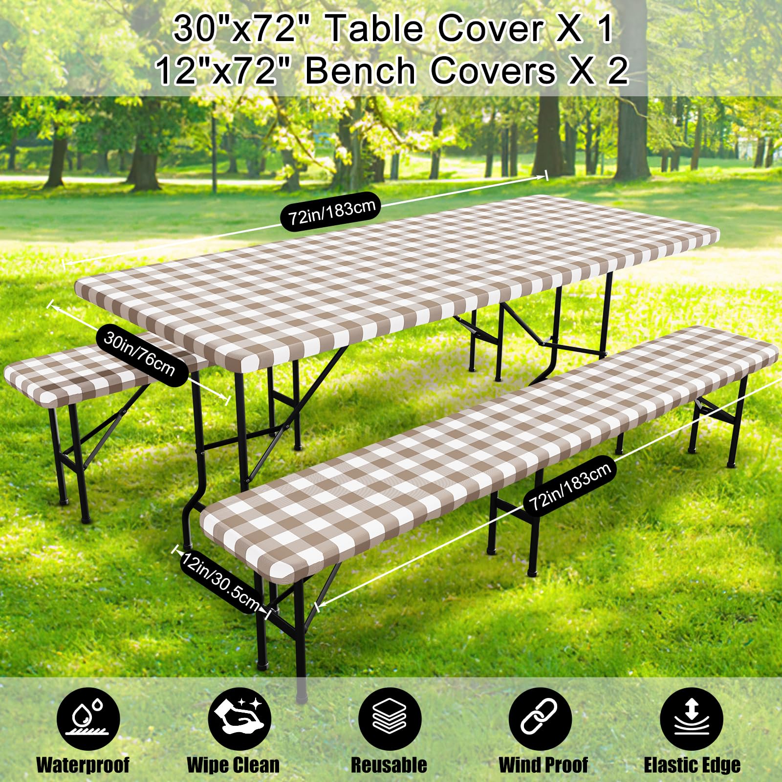 Smiry Picnic Table Cover with Bench Covers, Waterproof Elastic Fitted Tablecloths for 6 Foot Rectangle Tables, Washable Buffalo Plaid Tablecloth for Camping, Outdoor (Black & White, 30"x72")